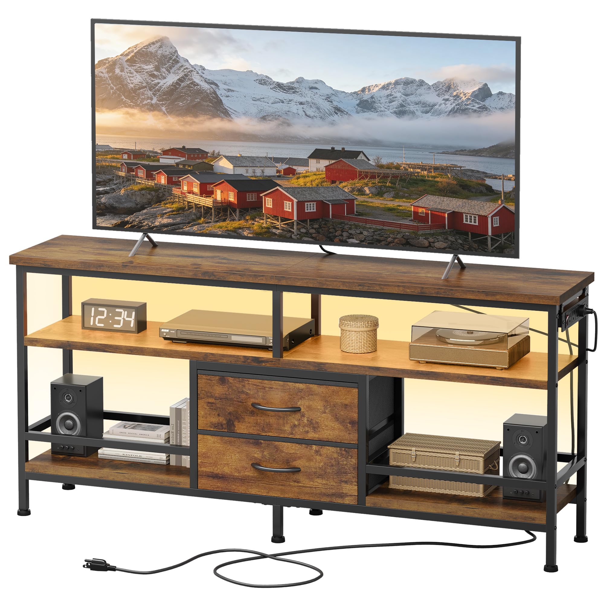 CO-Z TV-Schrank, Lowboard für Fernseher 109–165 cm, 140×40×60 cm mit LED-Beleuchtung, Abnehmbarer Ladestation, offenen Regalen & Stoffschubladen