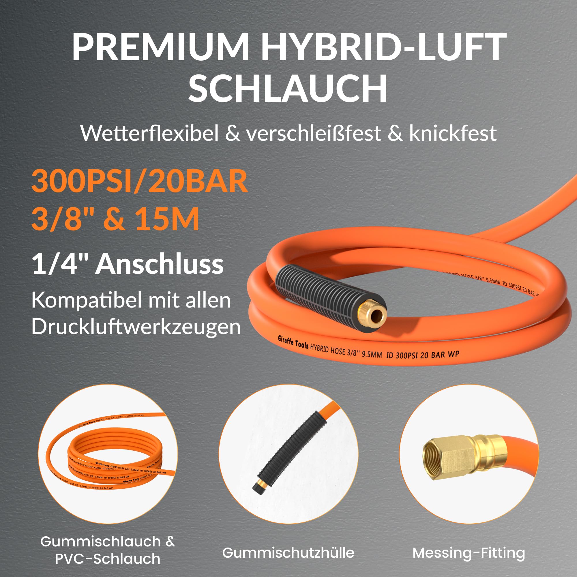 Giraffe Tools Automatik Druckluftschlauchtrommel 15M-Robuster Aufroller mit 1/4" Anschluss&3/8" Schlauch (Ø9,5mm) max 300PSI für Werkstatt und Garage-Plus Version mit 180°Schwenkbracket und Zubehörset