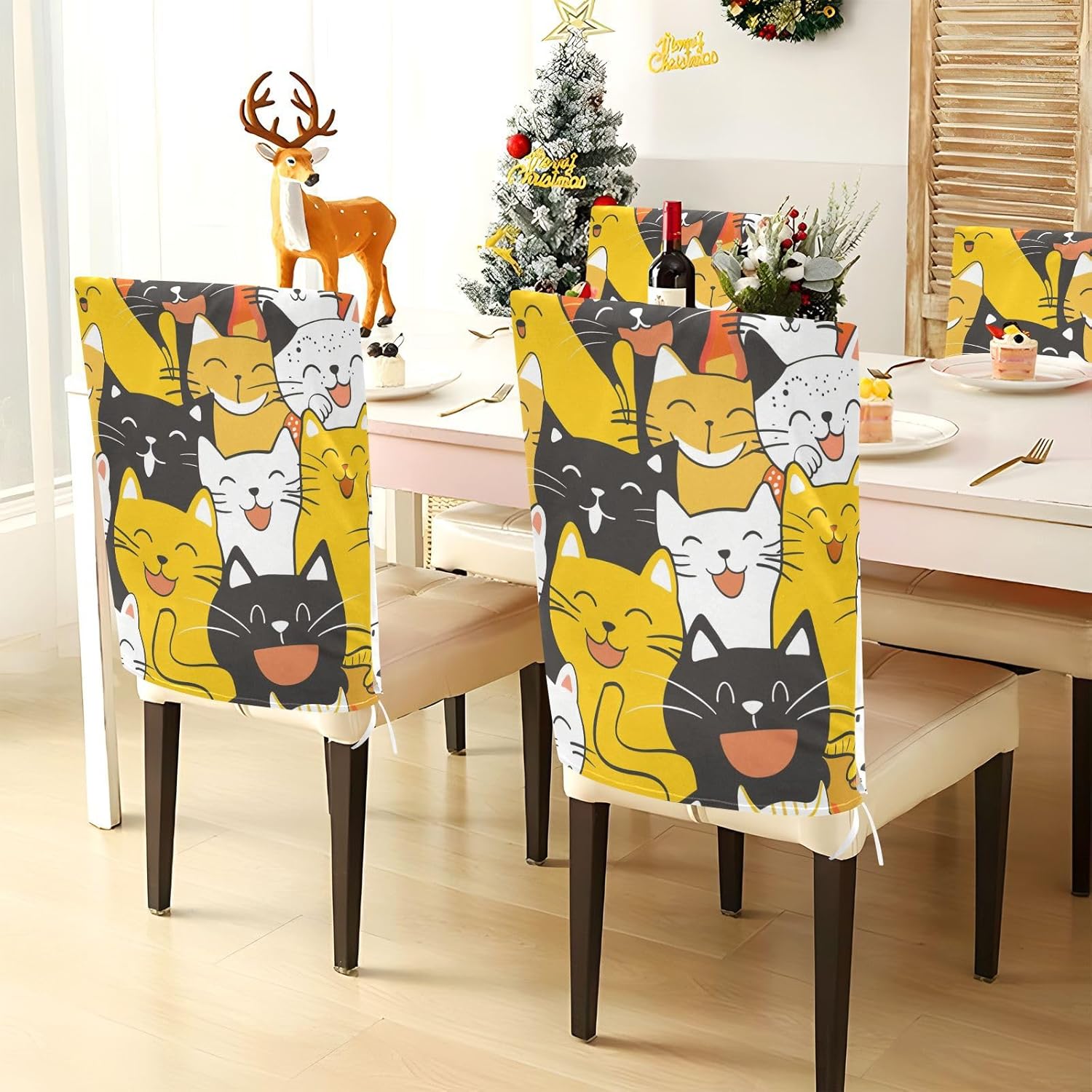 ALAZA Cute Colorful Cats Chair Back Cover Set of 6, Washable Reusable Removable Chair Slipcovers Decorative Chair Cover for Home Kitchen Wedding Party