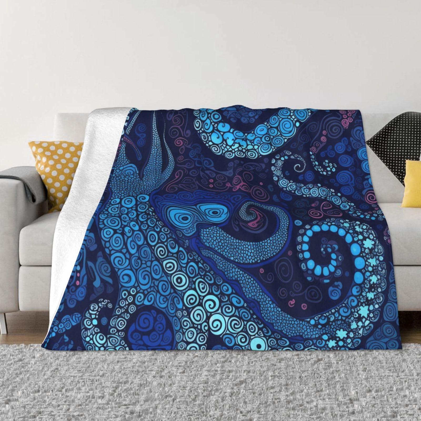 KLOPH Blue Octopus Throw Blanket 60"x50" Flannel Fluffy Warm Blanket for Couch, Reversible Plush Blankets for Bed, Comfy Fuzzy Blanket for Sofa, Plush Lightweight-Blankets for All Season