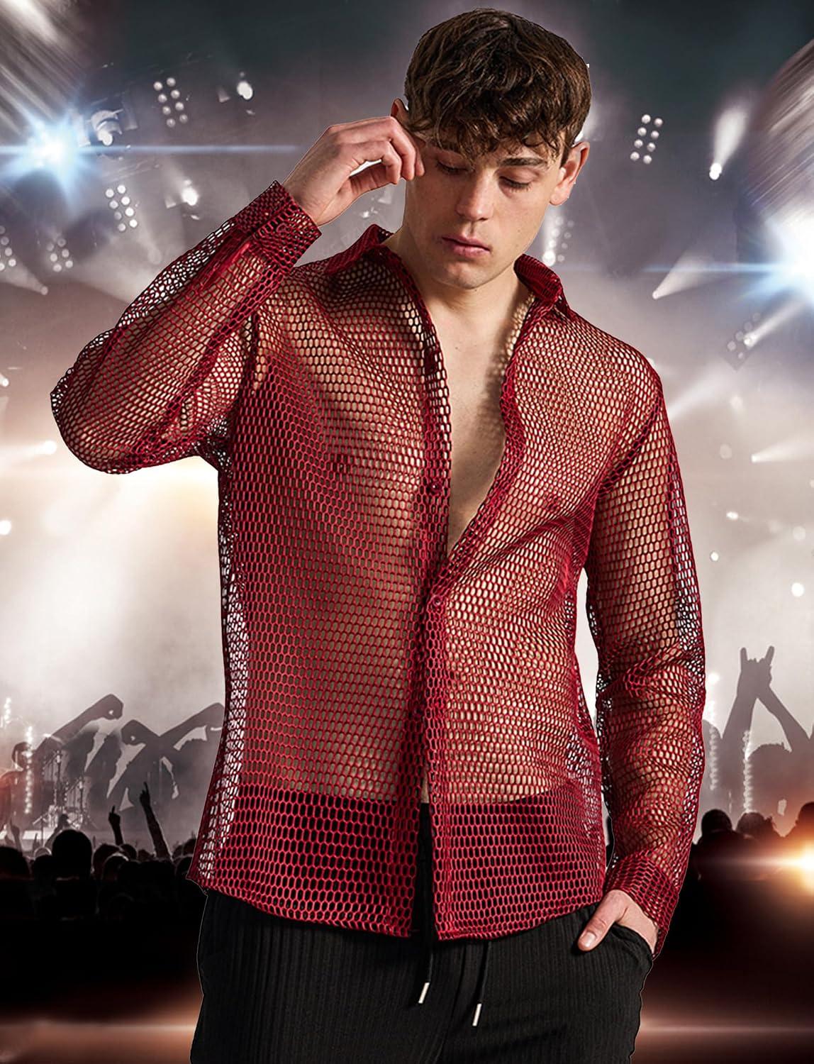 SEAUR ​​Men's Mesh Shirt​ Fishnet Top Long Sleeve Button Down Top See Through Nightclub Undershirts