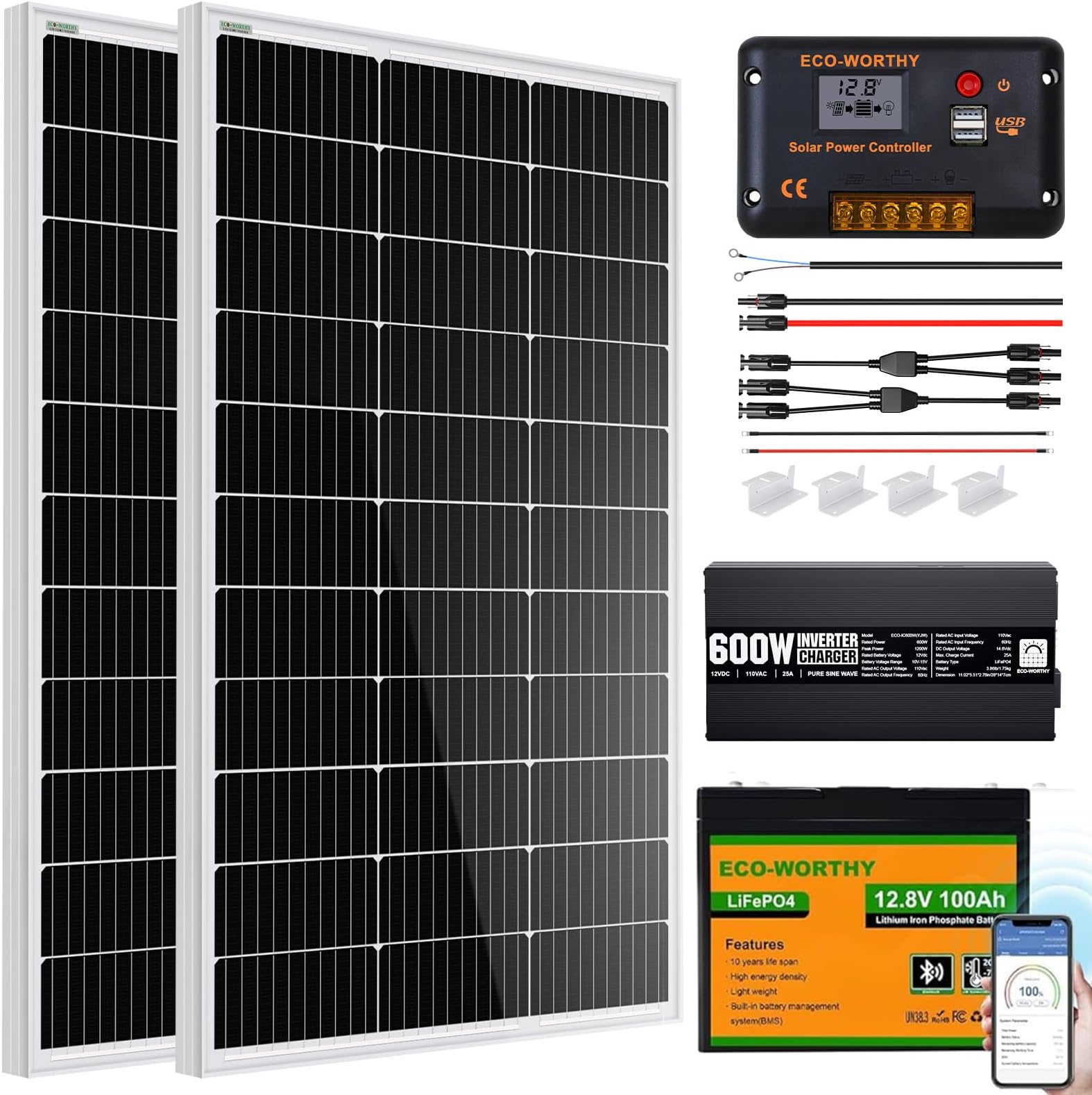 ECO-WORTHY 200 Watt 12V Complete Solar Panel Starter Kit for RV Off Grid with Battery and Inverter: 2pcs 100W Solar Panel + 30A Charge Controller + 100Ah Lithium Battery + Premium Solar Inverter