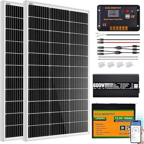 ECO-WORTHY 200 Watt 12V Complete Solar Panel Starter Kit for RV Off Grid with Battery and Inverter: 2pcs 100W Solar Panel + 30A Charge Controller + 100Ah Lithium Battery + Premium Solar Inverter