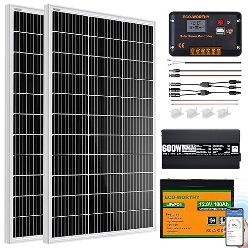 ECO-WORTHY Kit completo de inicio de panel solar de 200 vatios y 12 voltios para RV fuera de la red con batería e inversor 2 paneles solares de 100