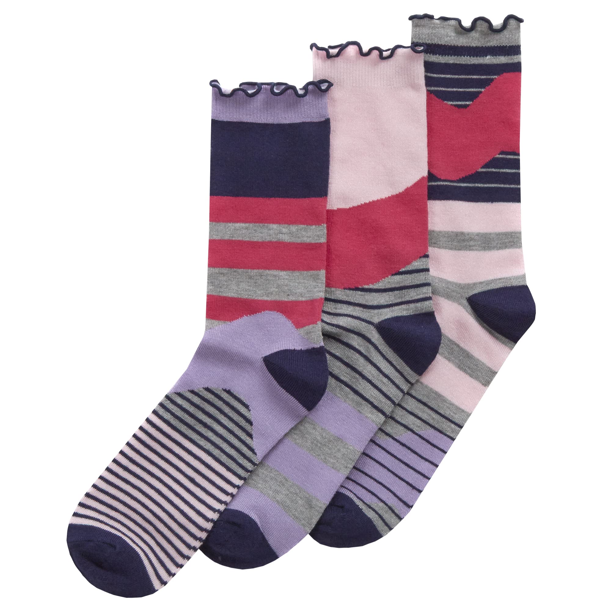Metzuyan WS-SS23 Ladies Bamboo Ruffle Edge Ripple Loose Top Crew Socks Abstract Patterned Mid Calf Socks 3 Pairs Pink UK 4-8