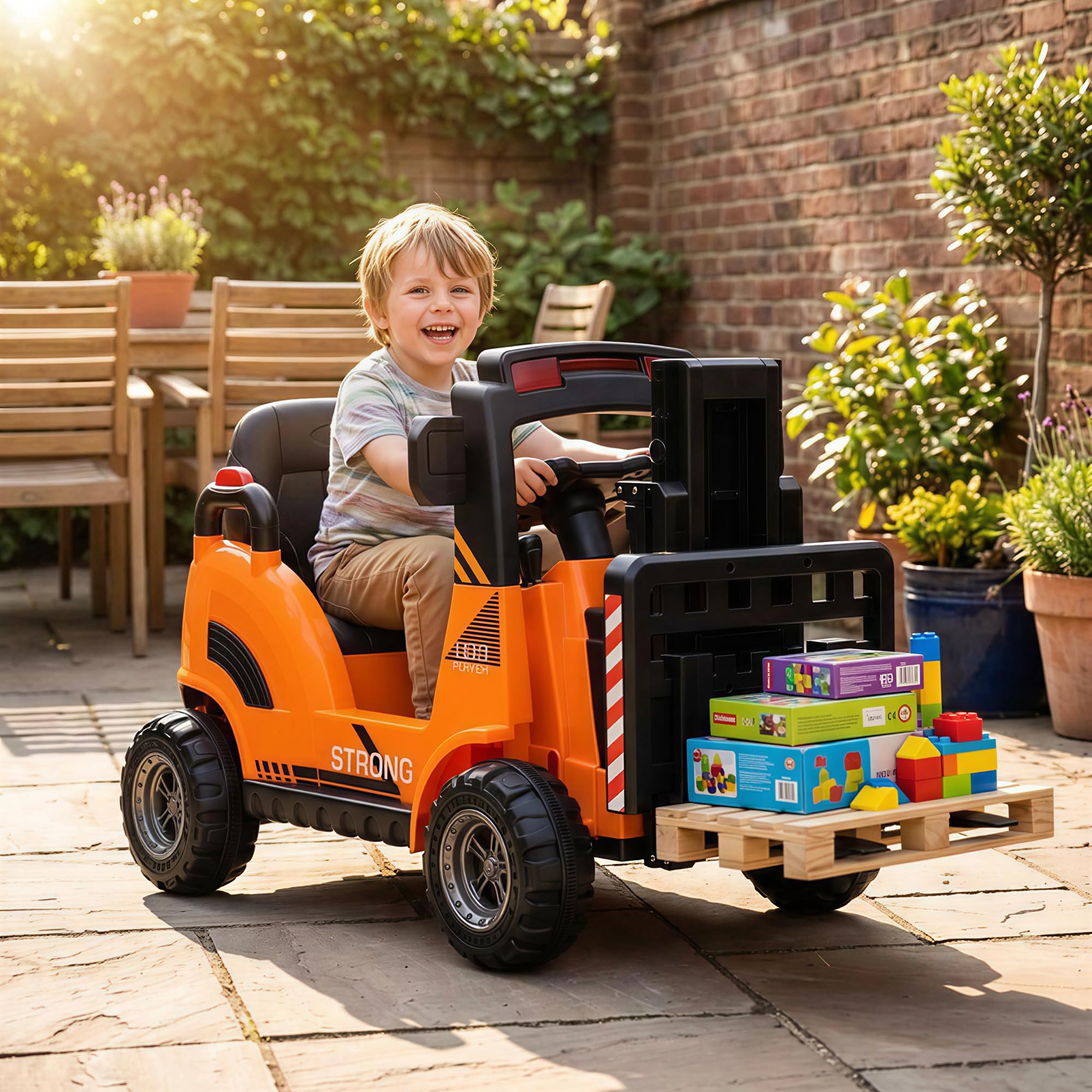 Garvee Muletto Elettrico per Bambini 12V, con Forche Regolabili, Arancione