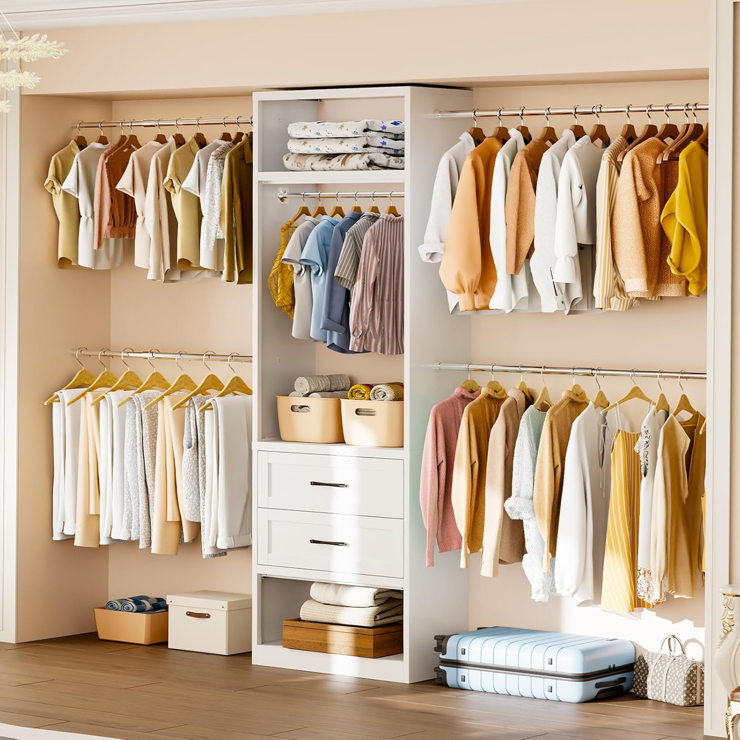 79"H Closet System, 2-8.2FT Metal Closet Organizer with 4 Expandable Hanging Rods, Walk In Closet Organizers and Storage, Clothes Closet with 5 Hanging Zones, 2 Drawers, 2 Shelving Towers