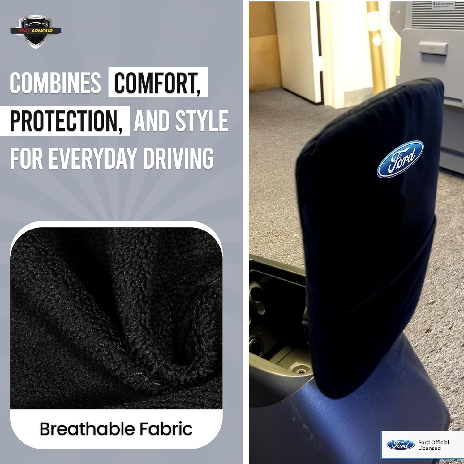 Premium Console Armrest Cover for Ford F-150 Bucket Seat 2015-2021 – Soft, Machine Washable Console Lid Protector – Easy to Install, Plush & Durable – Black