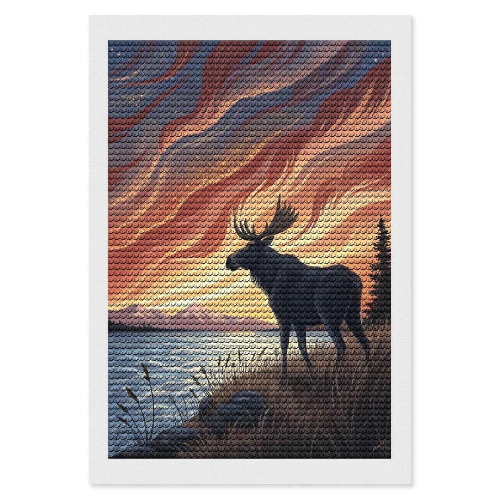 Junmoney Moose by A Lake at Sunset DIY Diamond Art Canvas Kit 8"x12", for Adults, Decorate Your Room, Gift Idea, Modern Decor, Finish and Display