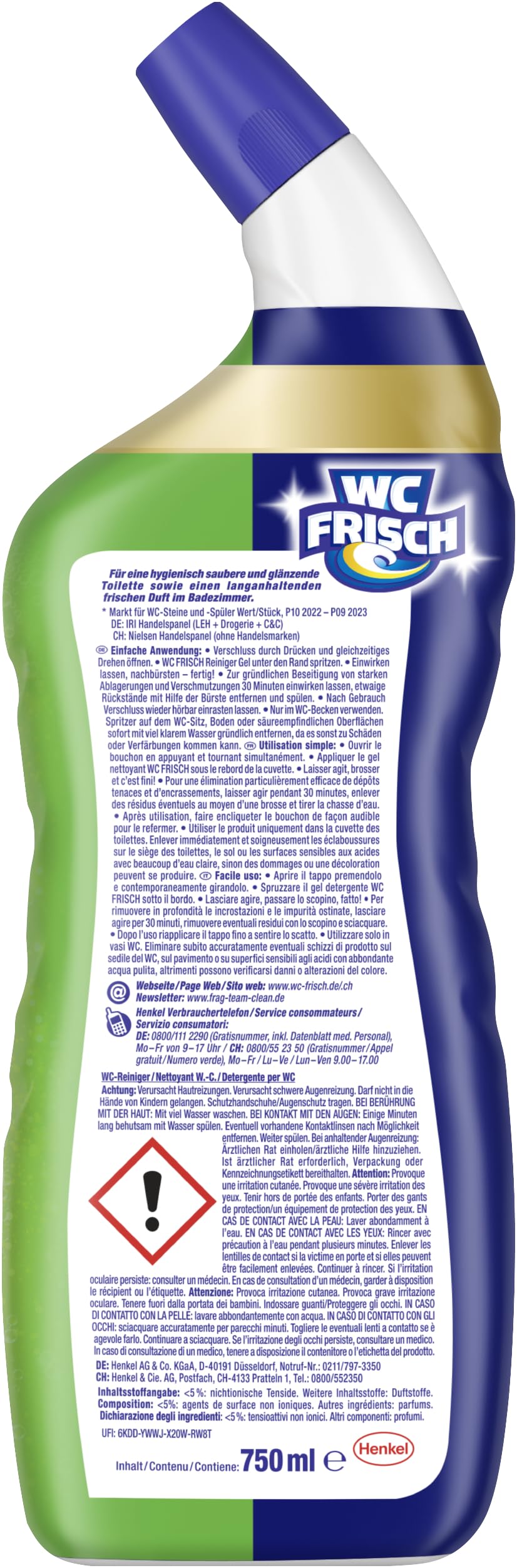 WC-Frisch Detergente per WC Gel Limone (750 ml), detergente per WC con effetto deodorante per ambienti, detergente per WC garantisce freschezza igienica, con combinazione di 4 attivi