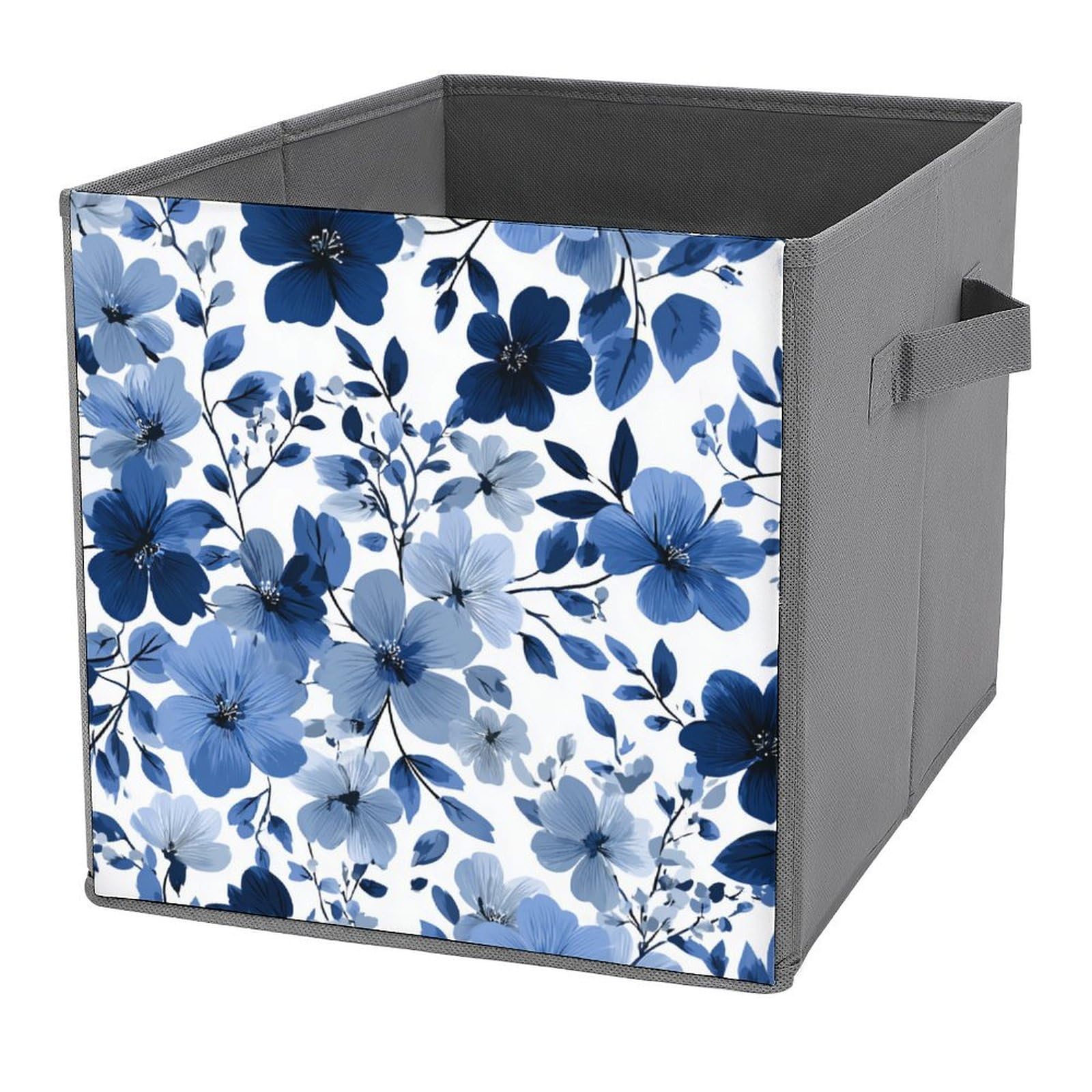 Jubonexis Large Stylized Blue Flower Clusters Cube Storage Bins Storage Cubes Foldable Decorative Fabric Storage Baskets Home Organizers with Handles for Shelves,Closet, 27x27 CM