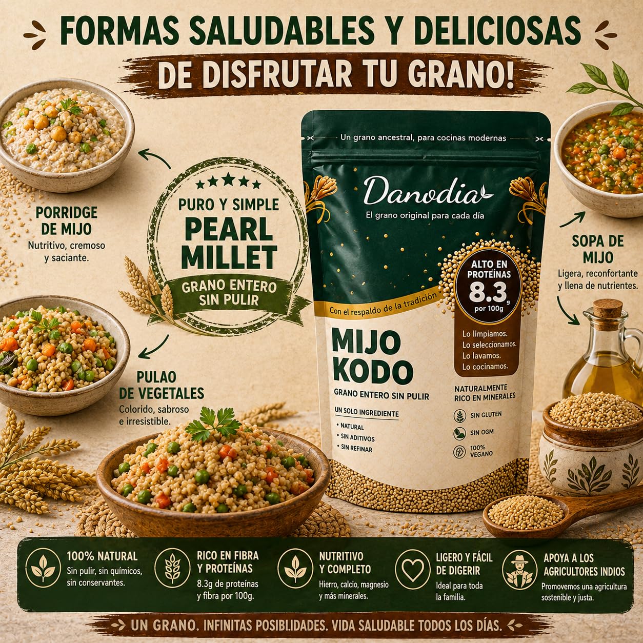 Danodia Foods Mijo Perla Pearl Millet Integral No Pulido 950 g / 2 lb, Cereal de Grano Entero Sin Gluten, Alto en Fibra 8,5 g por 100 g, No OGM, Vegano
