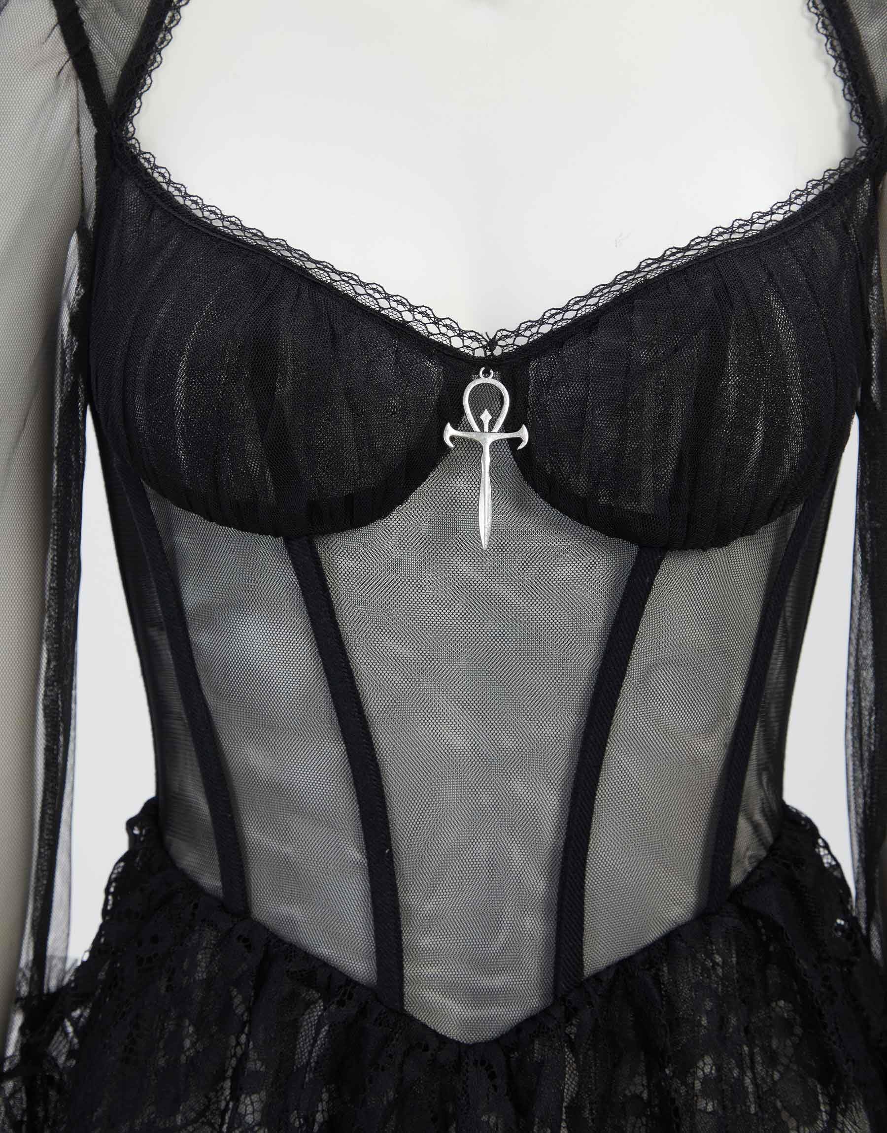 MEOWCOS Halloween Gothic Vampire Cosplay Dress Black Lace Semi-Transparent Long Dress with Choker