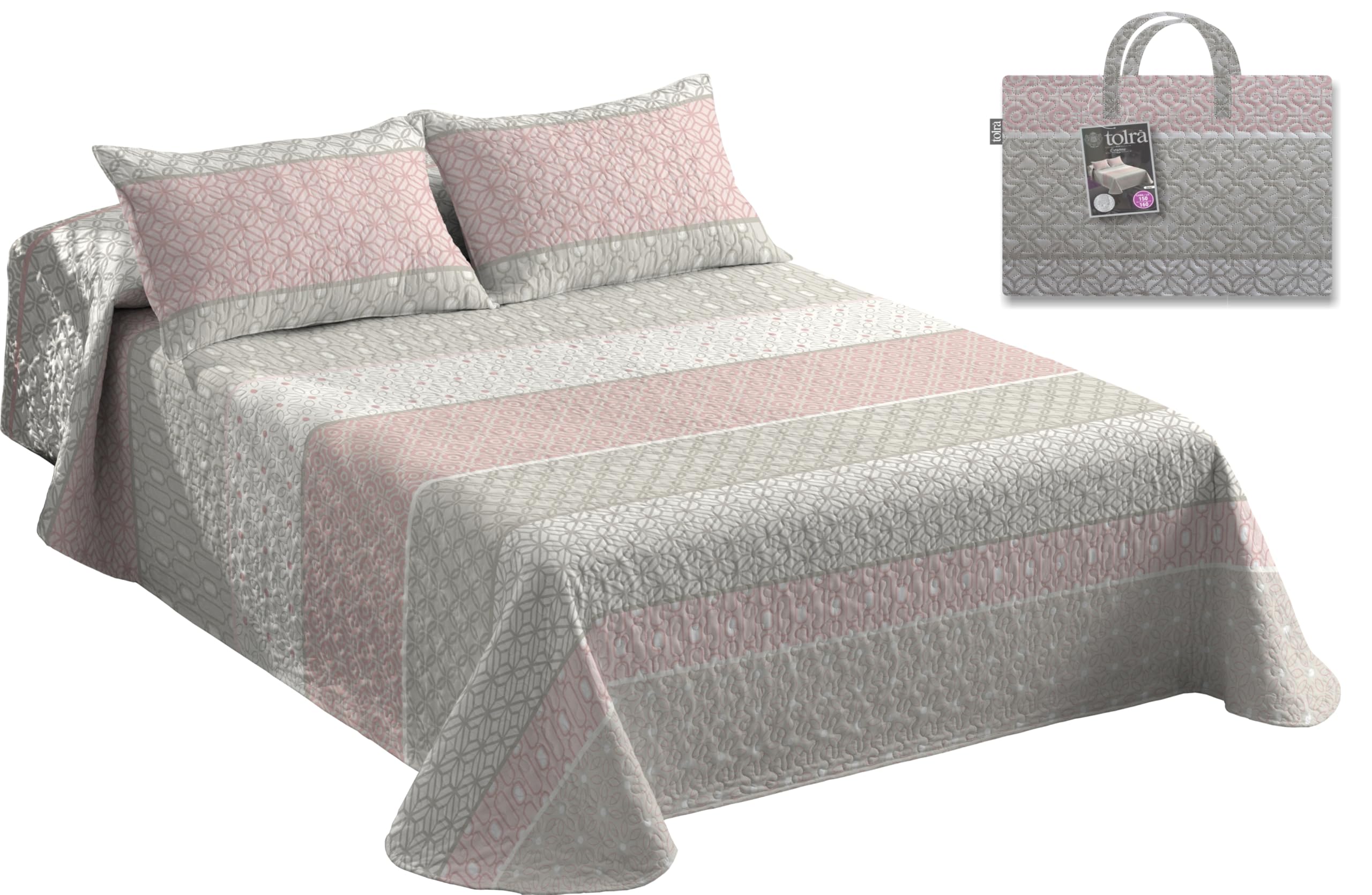 Tolrá - Colcha Cubrecama Bouti Estampada para Primavera y Verano | Incluye Funda de Cojín 50x70cm | 100% Microfibra Muy Suave (Aster Salmon, Cama 150-160cm con 2 Fundas Cojín)