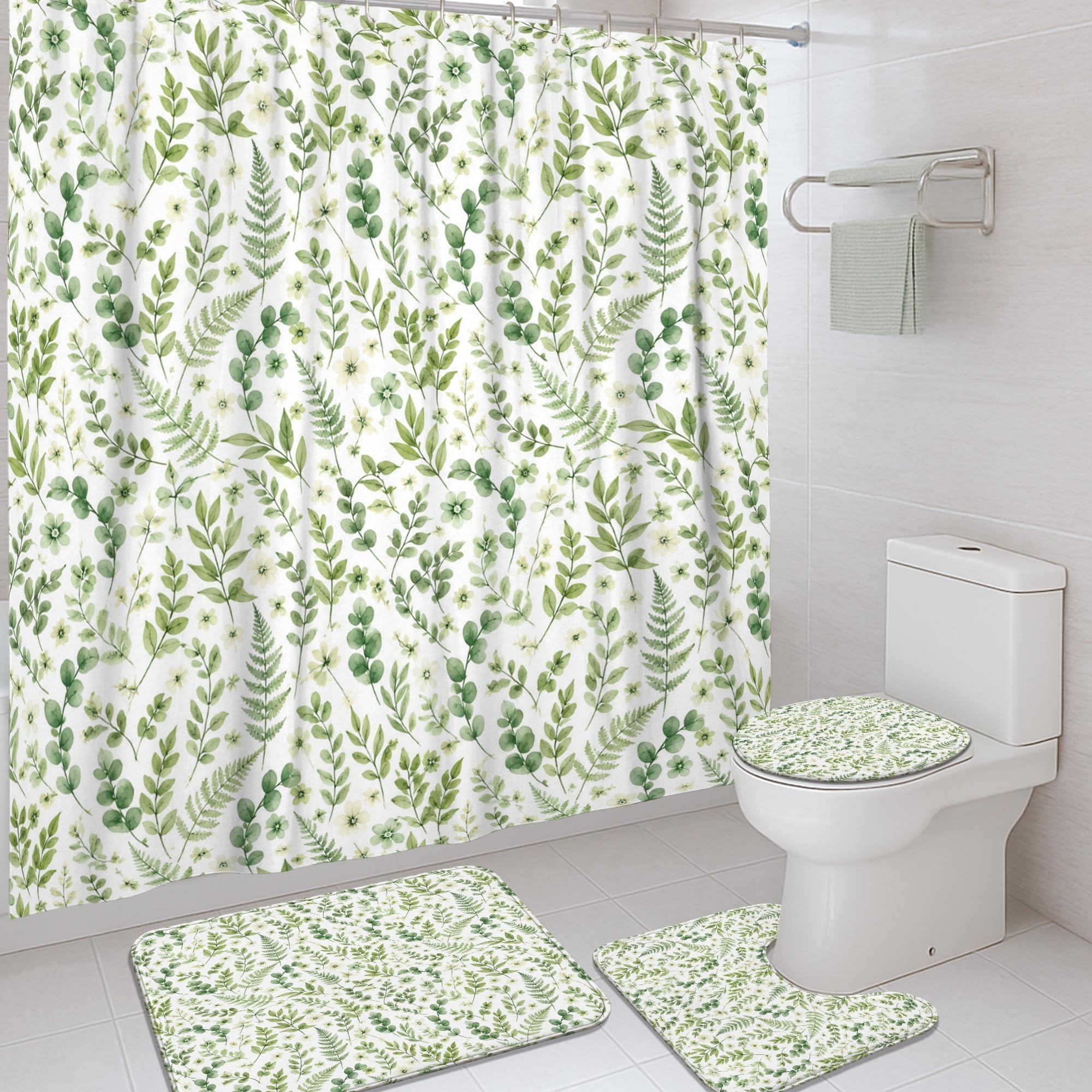Rideau de douche botanique et tapis pour créer une ambiance nature dans votre dortoir