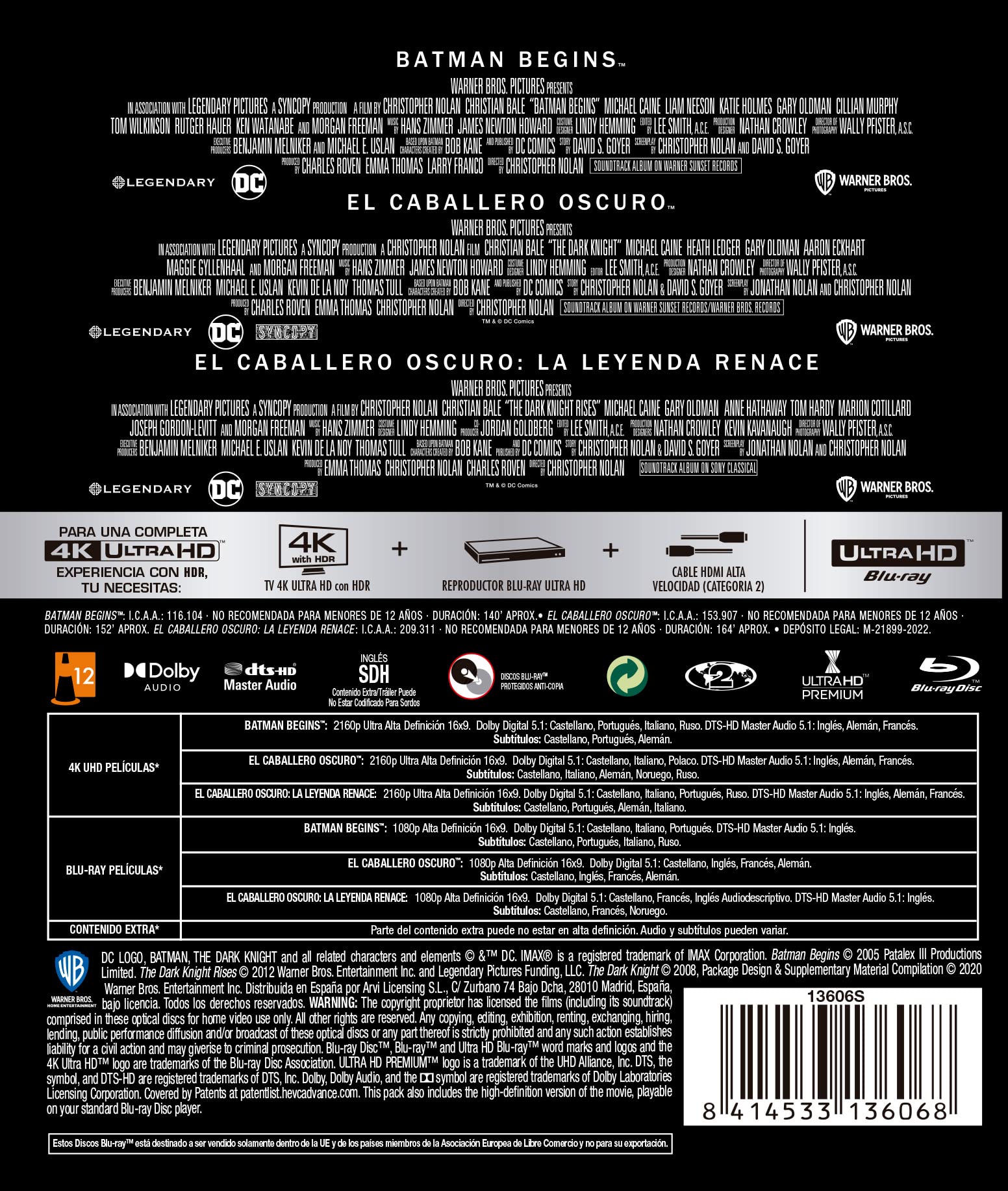 Trilogía Batman de Christopher Nolan - UHD + Blu-ray - BD