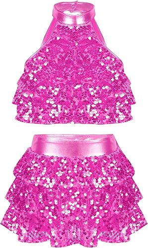 YiZYiF Conjunto de 2 piezas de baile con lentejuelas para niñas y niñas, top corto metálico con falda, disfraz de baile latino de jazz