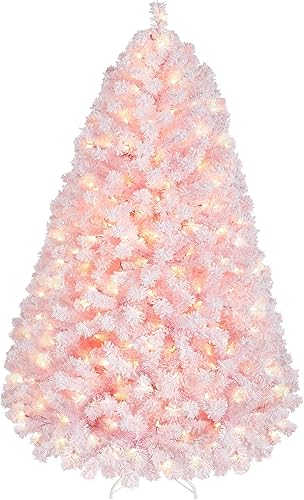 Vista 94 de Yaheetech - Árbol artificial de Navidad con luces incandescentes de color blanco cálido, con flecos nevados, 2084 ramas, 900 luces y soporte Verde