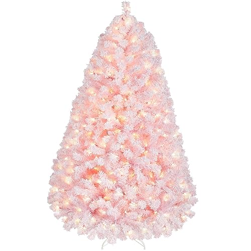 Yaheetech 6ft Pre-lit Artificial Christmas Tree with Incandescent Warm White Lights, Snow Flocked Full Prelighted Xmas Tree with 820 Branch Tips, 250 Incandescent Lights & Foldable Stand, Pink