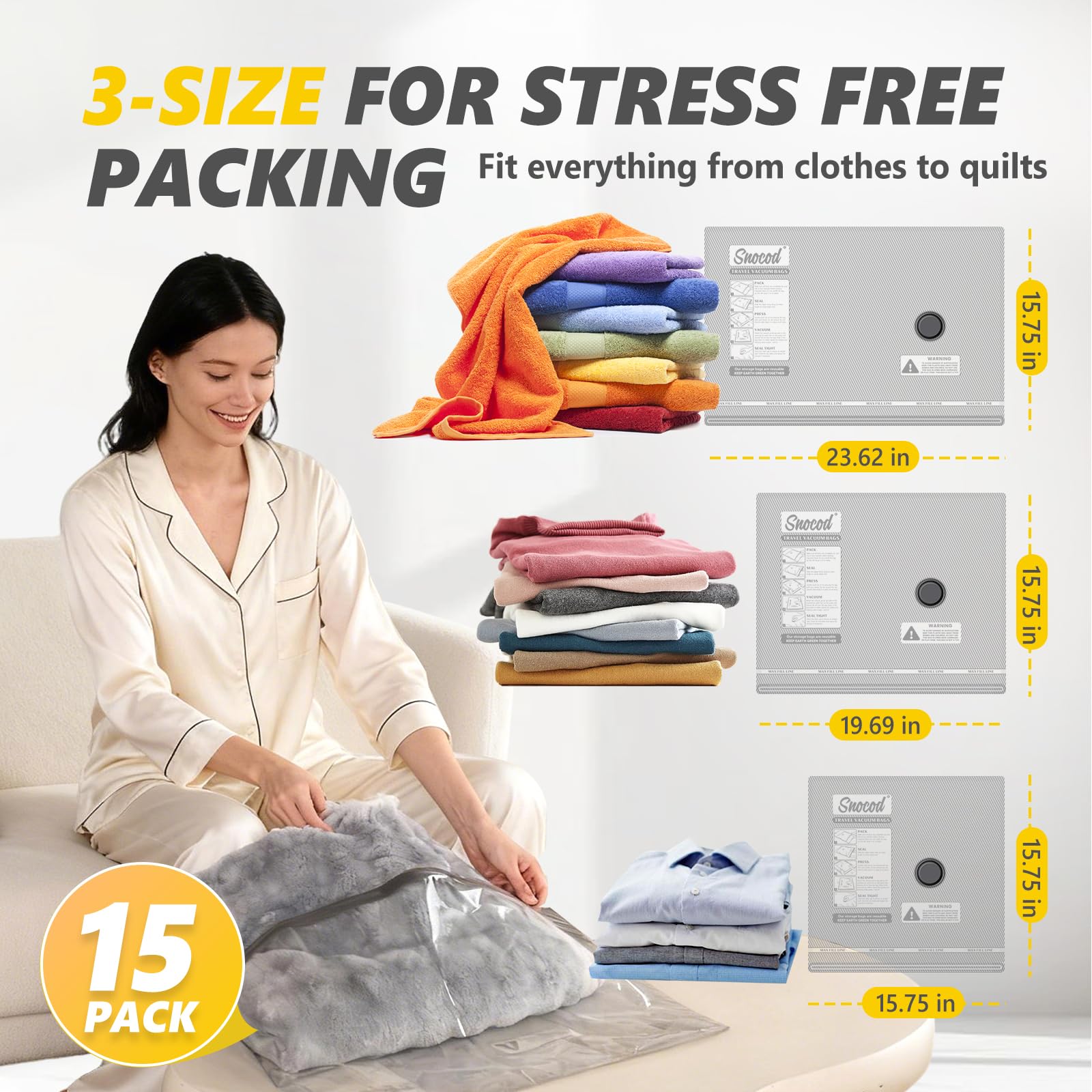 Paquete de 15 bolsas de sellado al vacío para ropa de viaje con bomba eléctrica de -70 KPa, almacenamiento de ahorro de espacio, bolsas de vacío reutilizables con bomba, resistentes para viajes