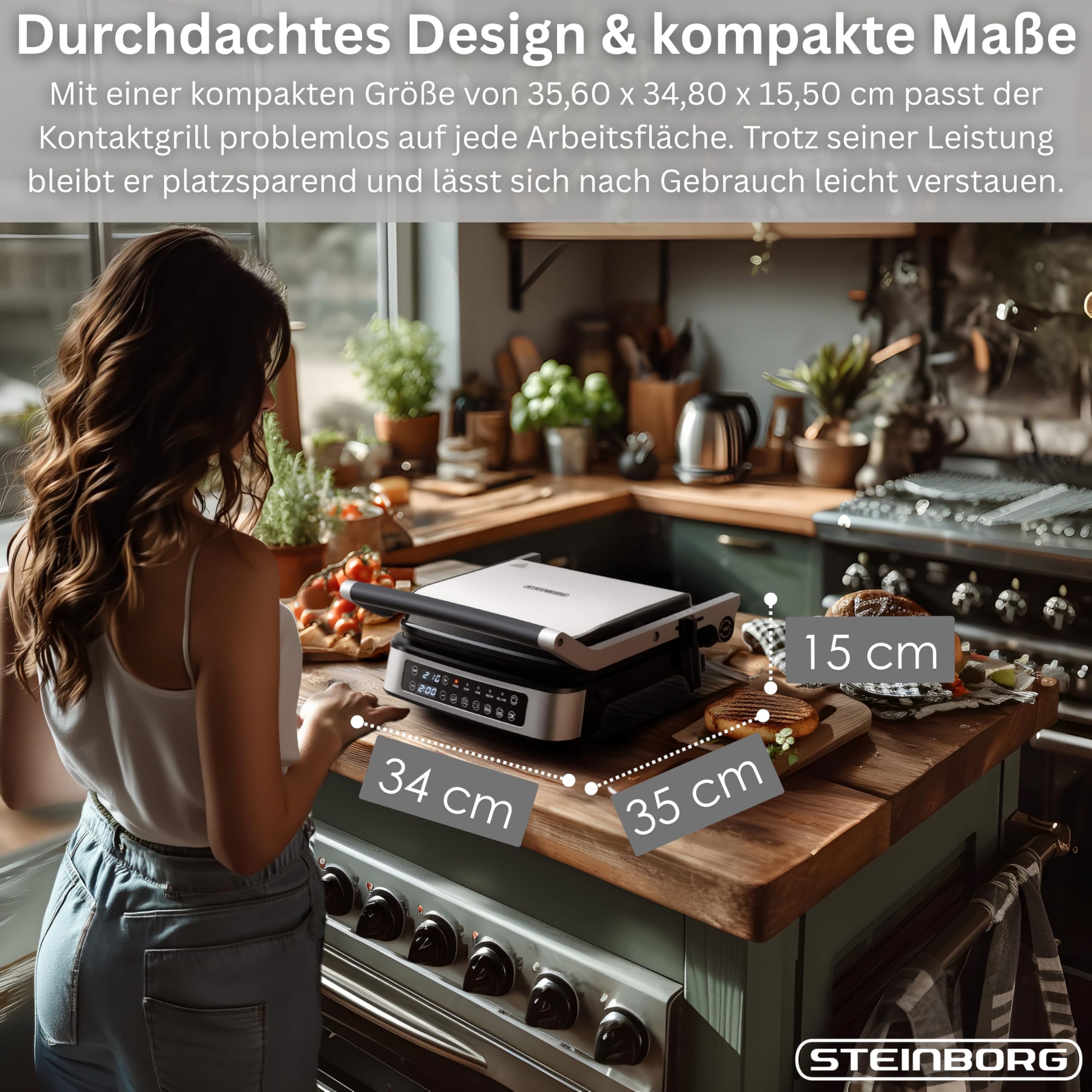 Steinborg® Grill kontaktowy, zdejmowane płyty z ekranem dotykowym, elektryczny grill stołowy i grill panini, rozkładany w zakresie 180°, nieprzywierające płyty grillowe, nadaje się do mycia w zmywarce