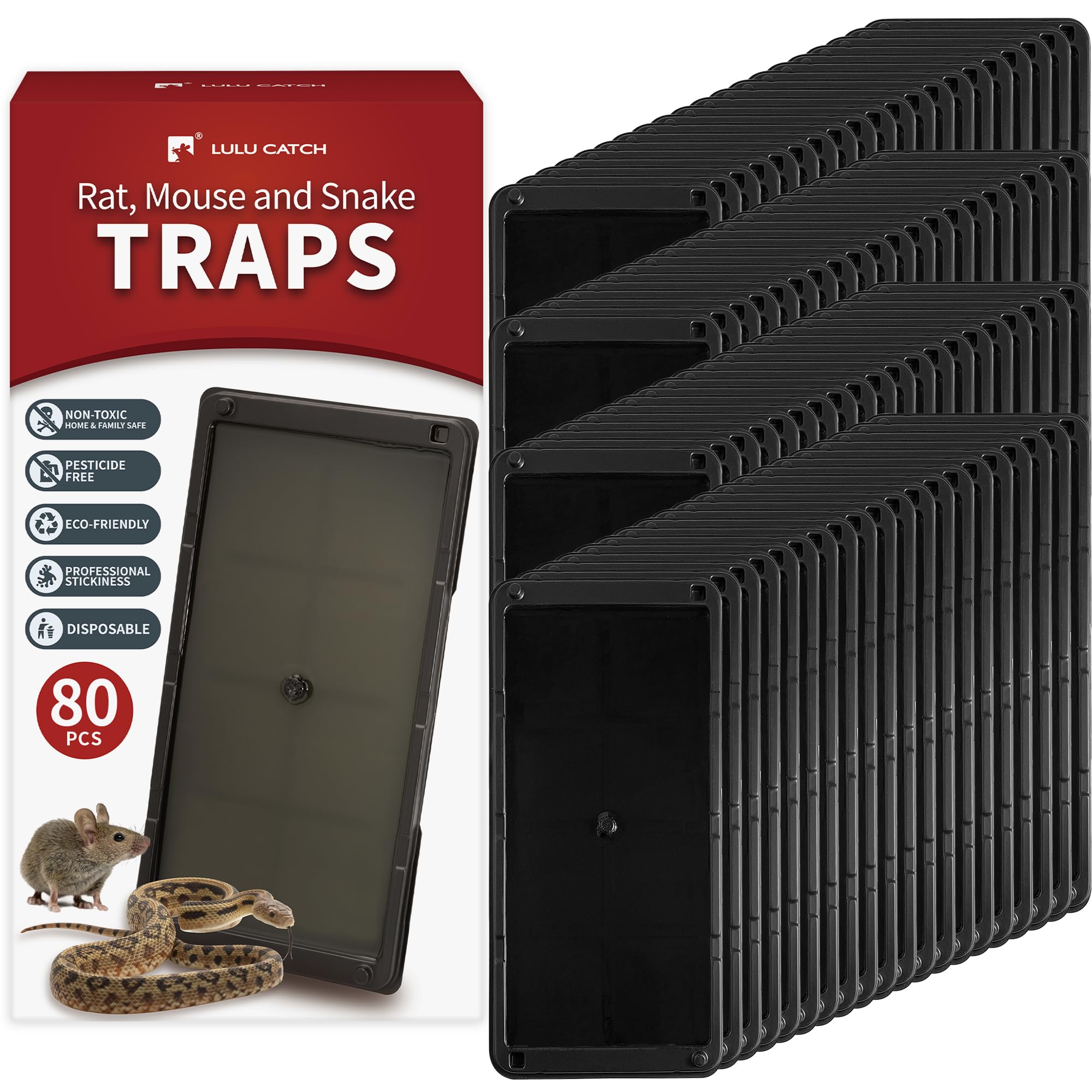 LULUCATCHSticky Mouse Trap, 80 Pack Large Glue Traps, Pre-Baited Heavy Duty Non-Toxic Bulk Glue Boards Mouse Traps Indoor for Mice, Snakes, Rat, Insects, Cockroaches & Spiders, Pet Safe Easy to Use