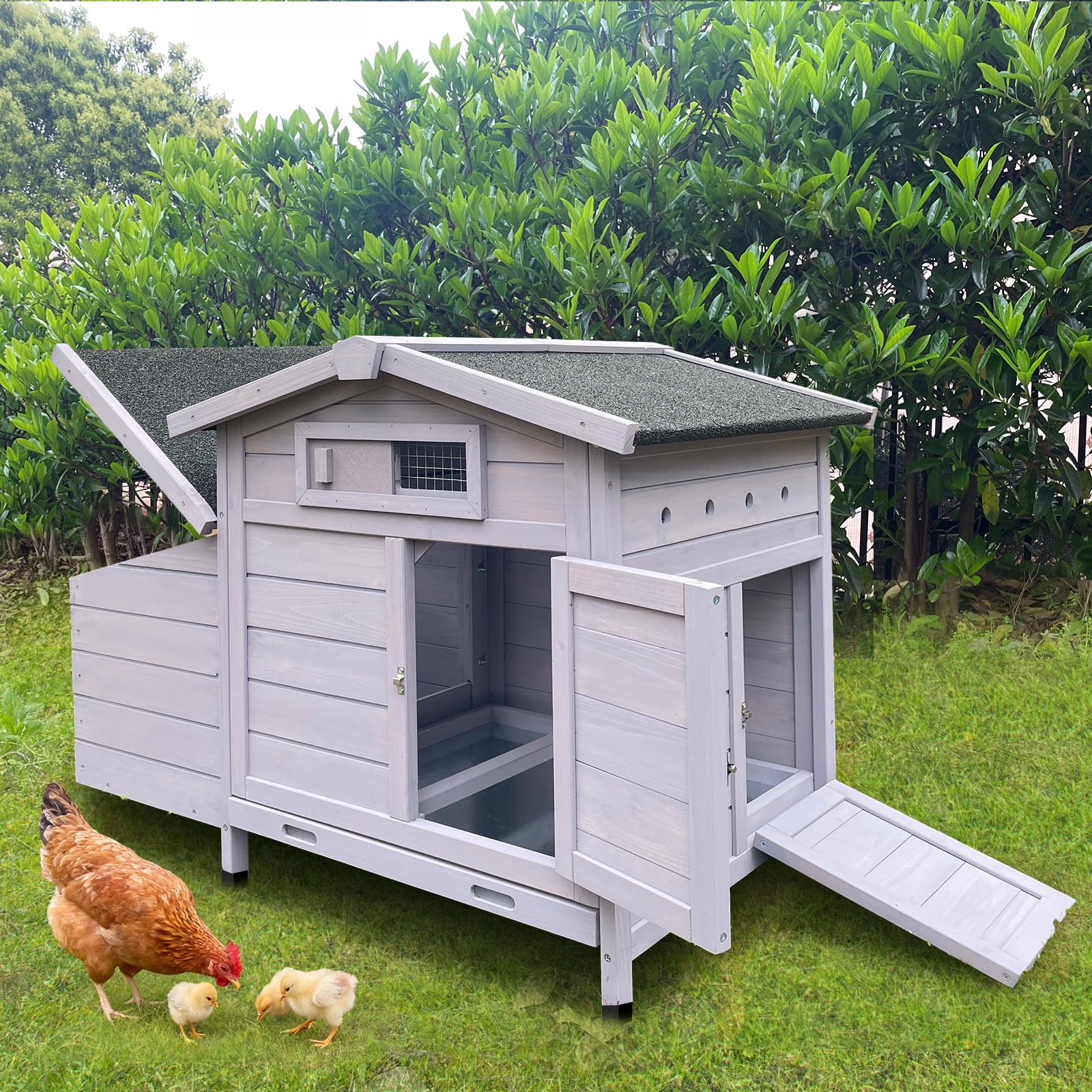 Poulailler résistant à l'hiver 104 x 64 x 71 cm, Poulailler en Bois avec pondoir, Poulailler 2 Poules, Toit isolé et bac à déjections galvanisés, Facile à Nettoyer (Gris)