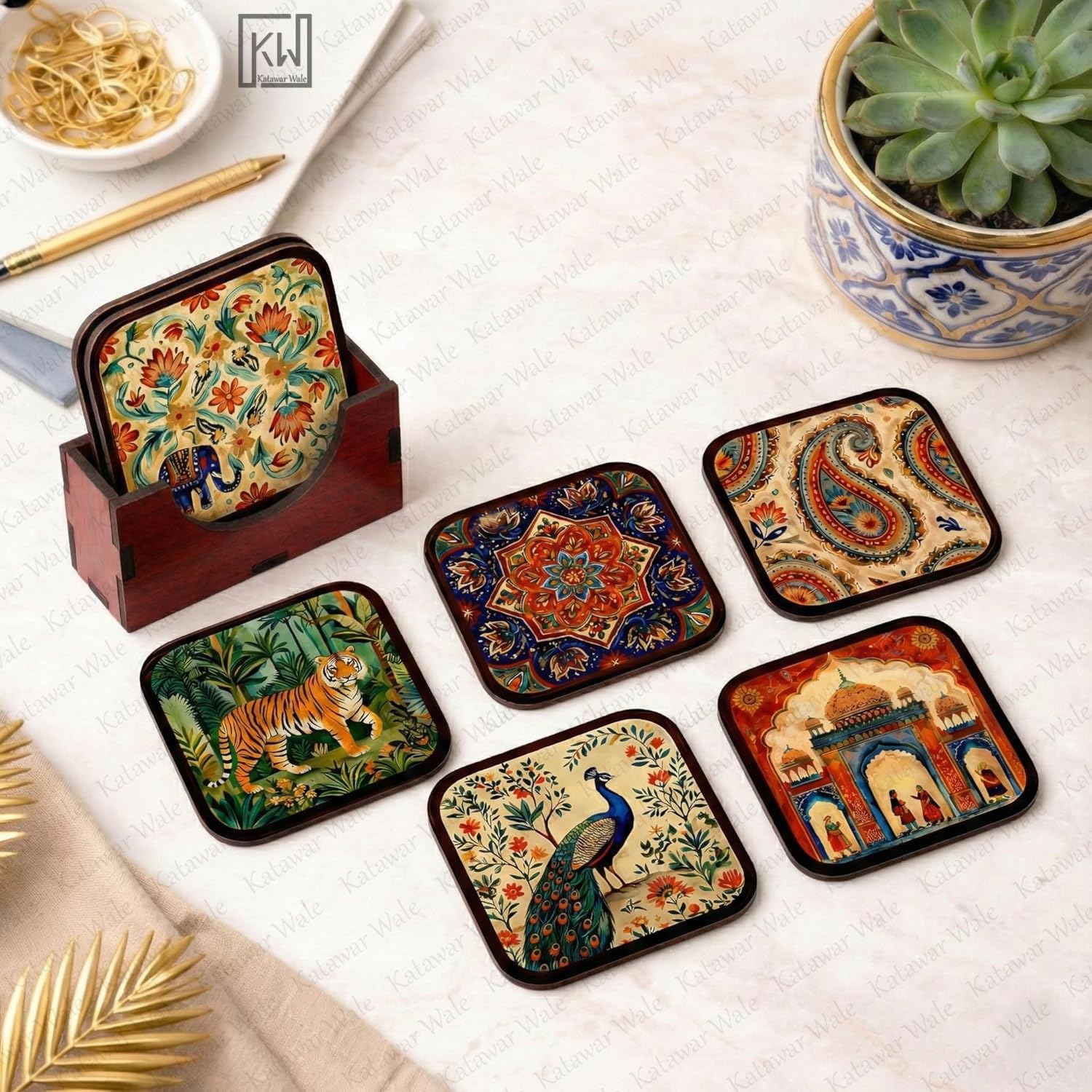 KatawarWale Premium MDF Wooden Coaster Set of 6 with Holder | Ethnic Indian Art Multicolor Tea & Coffee Coasters for Table | Heat Resistant Waterproof Drink Coasters (10 x 10 cm)-image-25