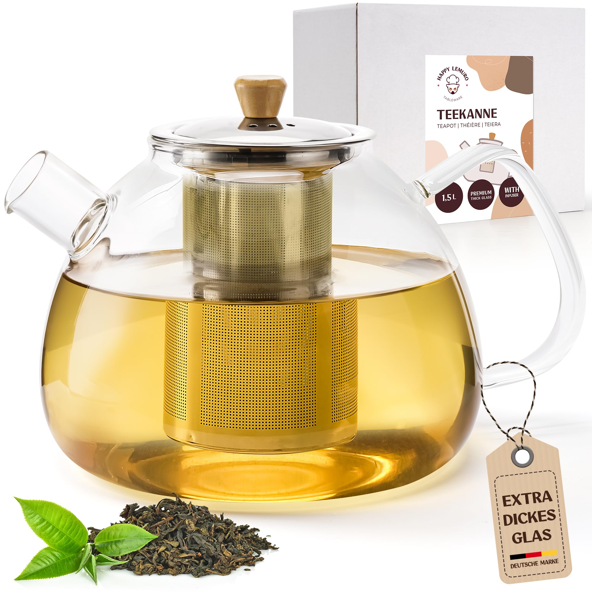 Teiera in vetro con filtro – 1,5 litri – maggiore spessore del vetro – teiera in vetro – teiera per tè – set da tè
