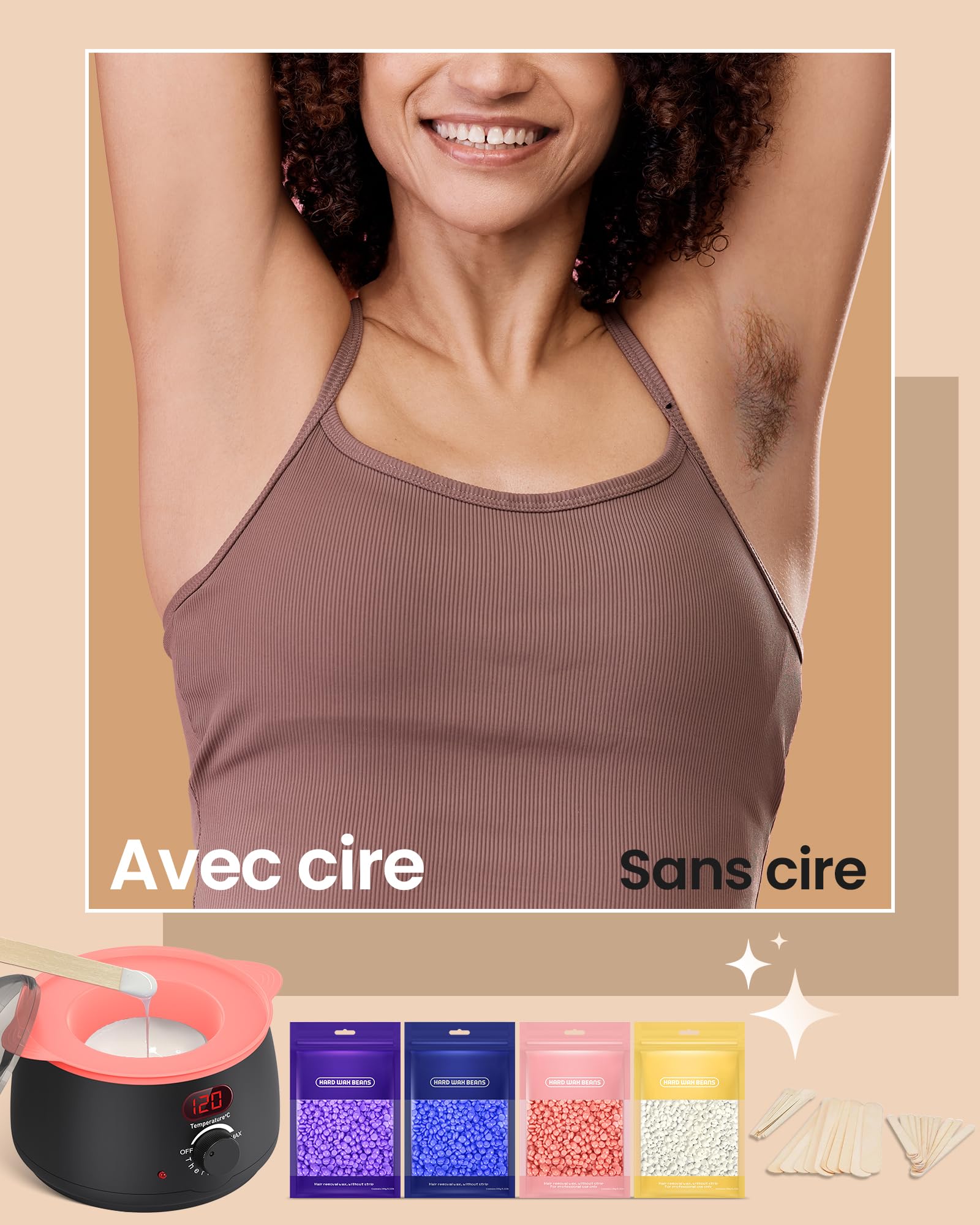 Chauffe Cire Epilation, iFanzeTech Kit D'épilation à la cire Avec Affichage numérique Chauffe-cire, Silicone Bol, 400g Perles Dure Pour le visage/Bras/Jambe/Bikini, Tous Les Types de Cheveux