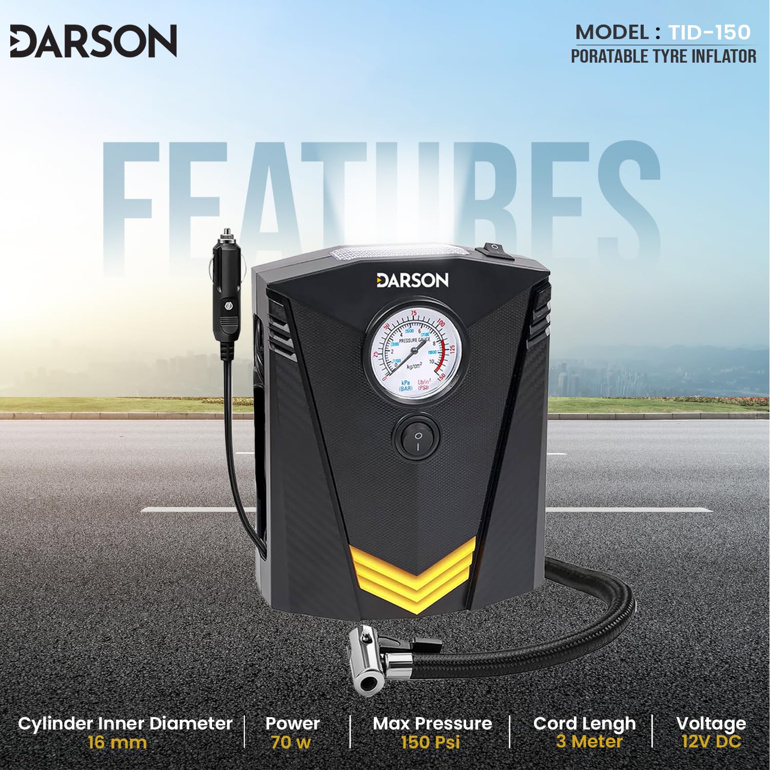 Darson TID-150 Tyre Inflator for Car - Mini Air Compressor - Fast Inflation Speed air inflator for car - 12V Car Port and 150PSI Portable Air Compressor for Cars, Bike, Bicycle and Football 1