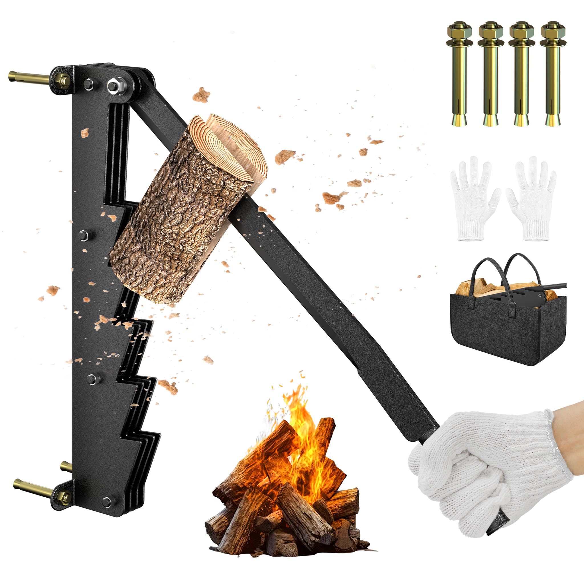 UISEBRT Spaccalegna manuale in acciaio al carbonio, accendino per legno da parete, coltello a tagliola, spaccalegna con guanti antiscivolo e borsa per legna in feltro, per uso interno ed esterno