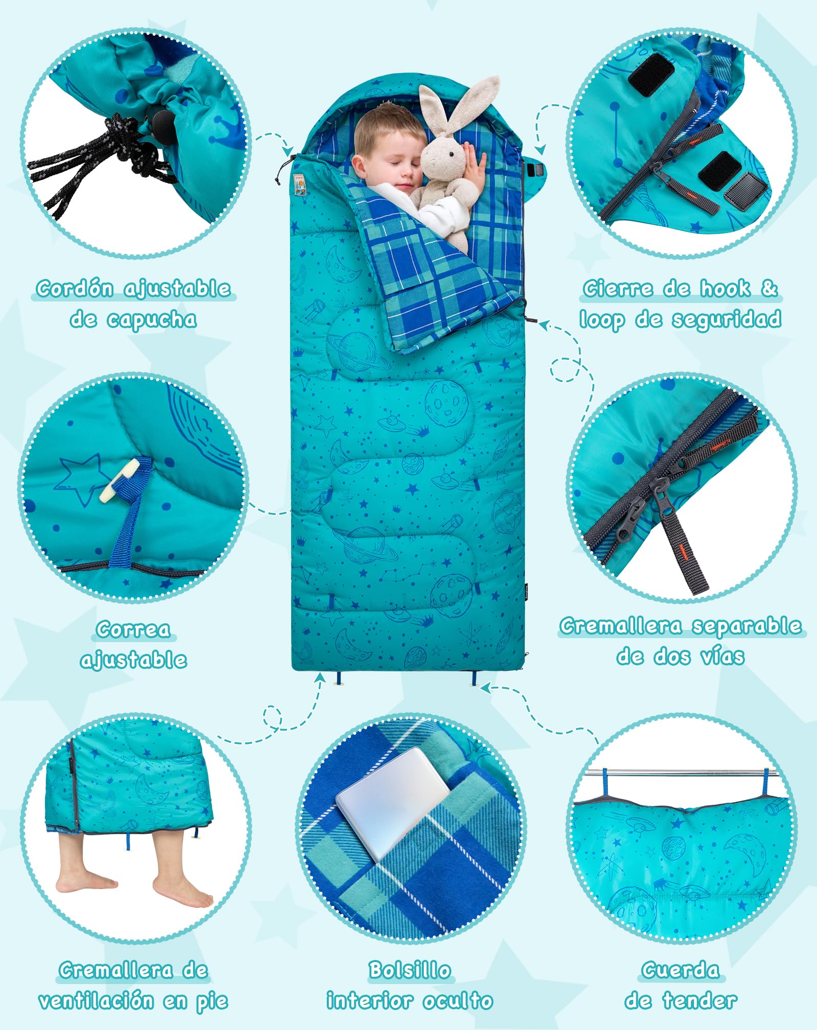 KingCamp Saco de Dormir Niños Franela de Algodón | 170 X 70 cm | 7℃ a -13 ℃ | Cálido y Cómodo para Niñas(Altura máxima hasta 145 cm) | Invierno Camping Accesorios, Viajes y Actividades