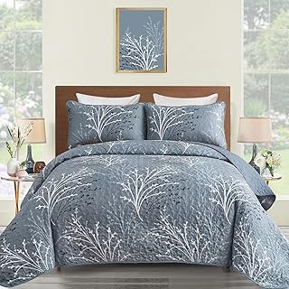 DJY Quilt Set King Size Blue Branch Floral Quilt Bedding Set, 3 Pieces Tree Botanical Bedspread Lightweight Microfiber Summer Coverlet Bedding Set for All Season 110''x90