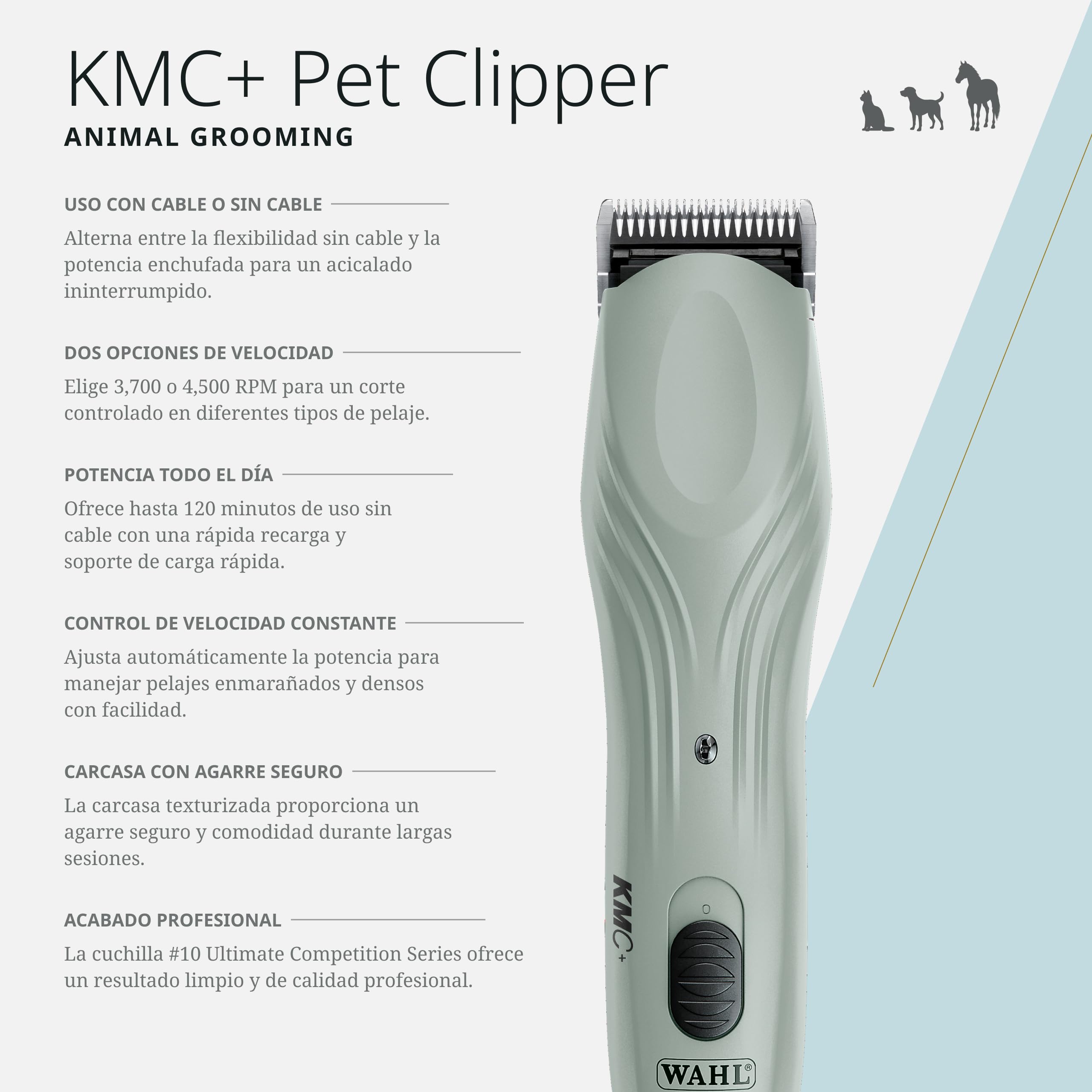 Wahl KMC+ Pet Clipper – Motor Sin Escobillas, Carcasa Texturizada, Dos Velocidades, 120 Minutos de Autonomía