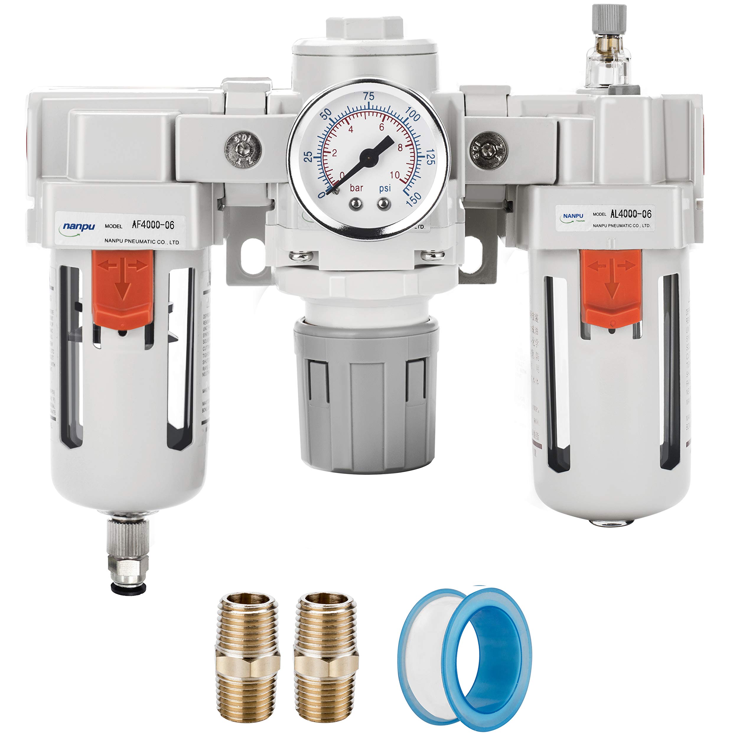 NANPU 3/4" NPT Air Filter, Regulator & Lubricator (FRL) Combo - Water/Oil Trap Separator - Pressure Gauge(0-150 psi), 5 Micron Brass Element,