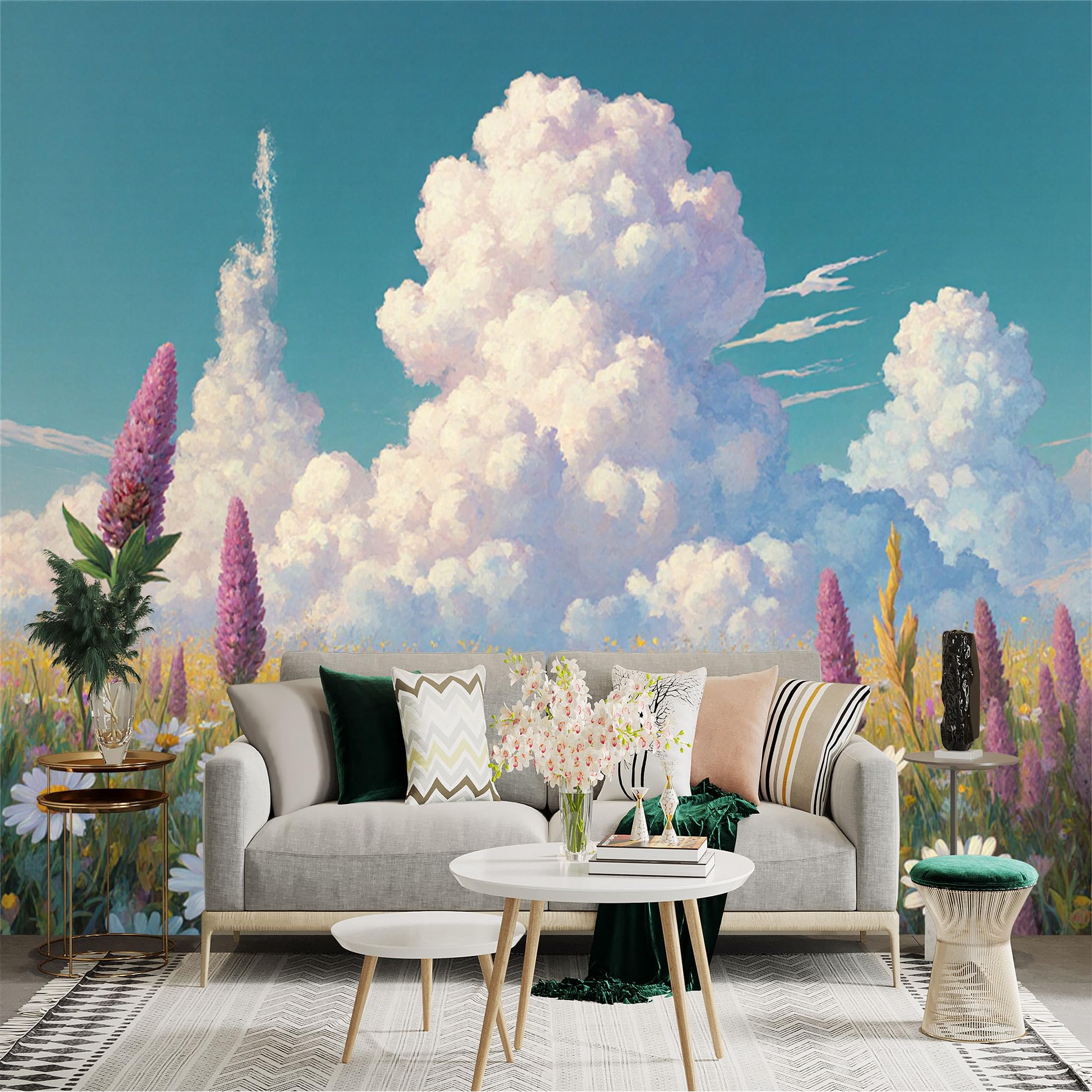Custom Size Wall Sticker Mural， Impressionist Wildflower Meadow， Vibrant Summer Field， Fluffy White Clouds in Blue Sky， Botanical Landscape， for wall Decoration， peelandstick wall Decals.