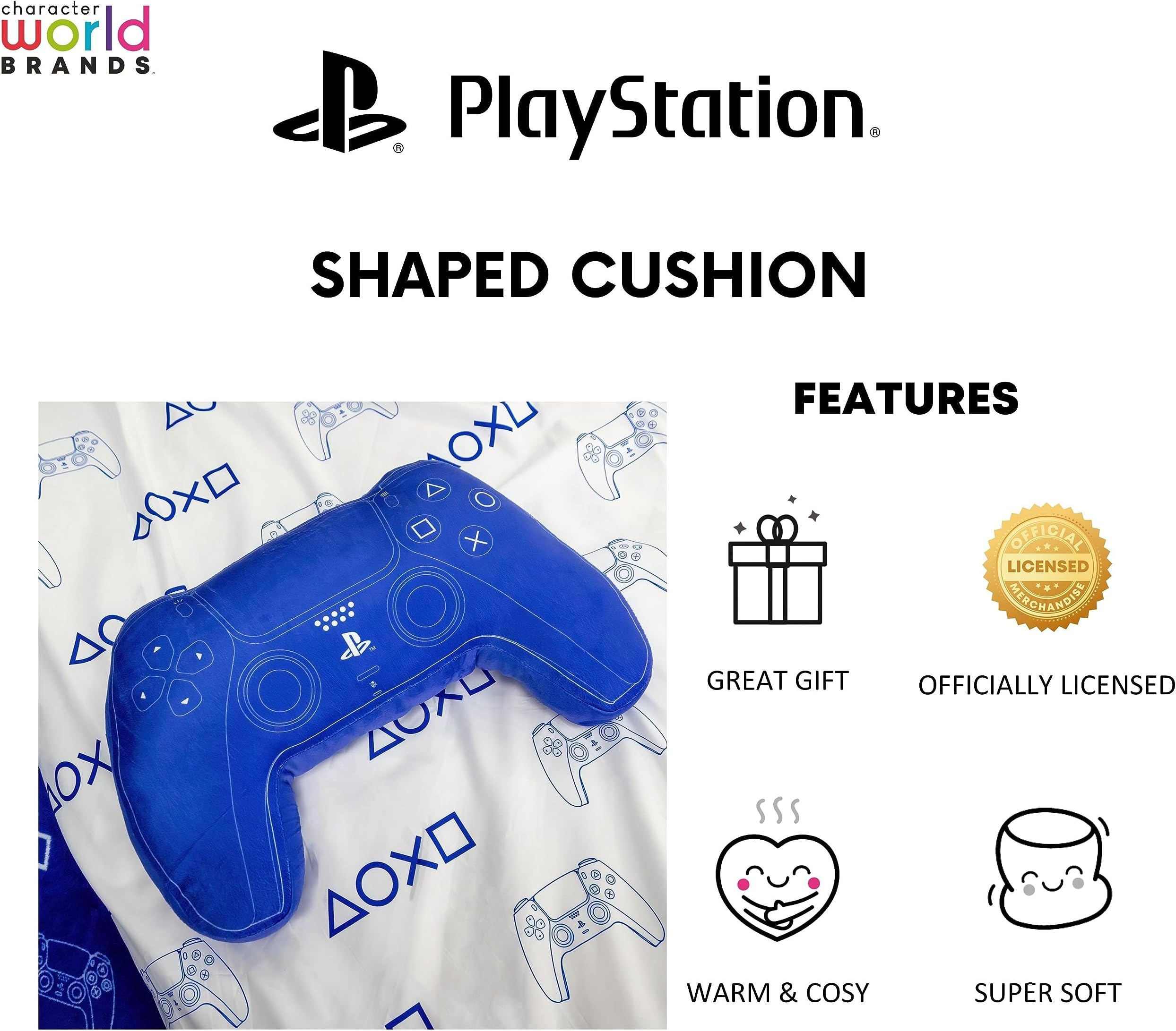Character World Officially Licensed PlayStation Controller Shaped Cushion Pillow Handset Design Stuffed Plush Shaped Pillow | Perfect For Bedroom Or Gaming Dรฉcor, Blue