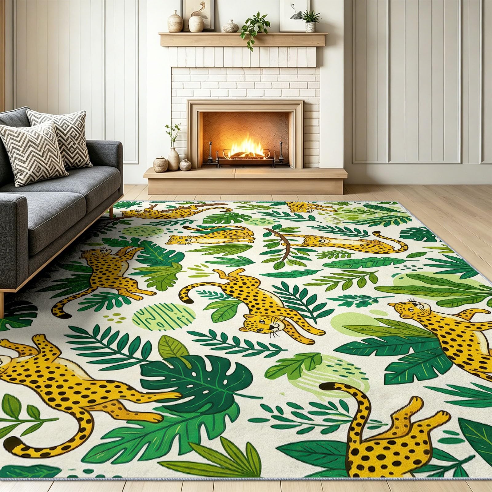 Tropisch Cartoon Leopard Monstera Farnblätter Waschbarer Schlafzimmer Teppich 120 x 170 cm - abwaschbar rutschfest Weich - Teppich für Wohnzimmer Esszimmer Büro Kinderzimmer