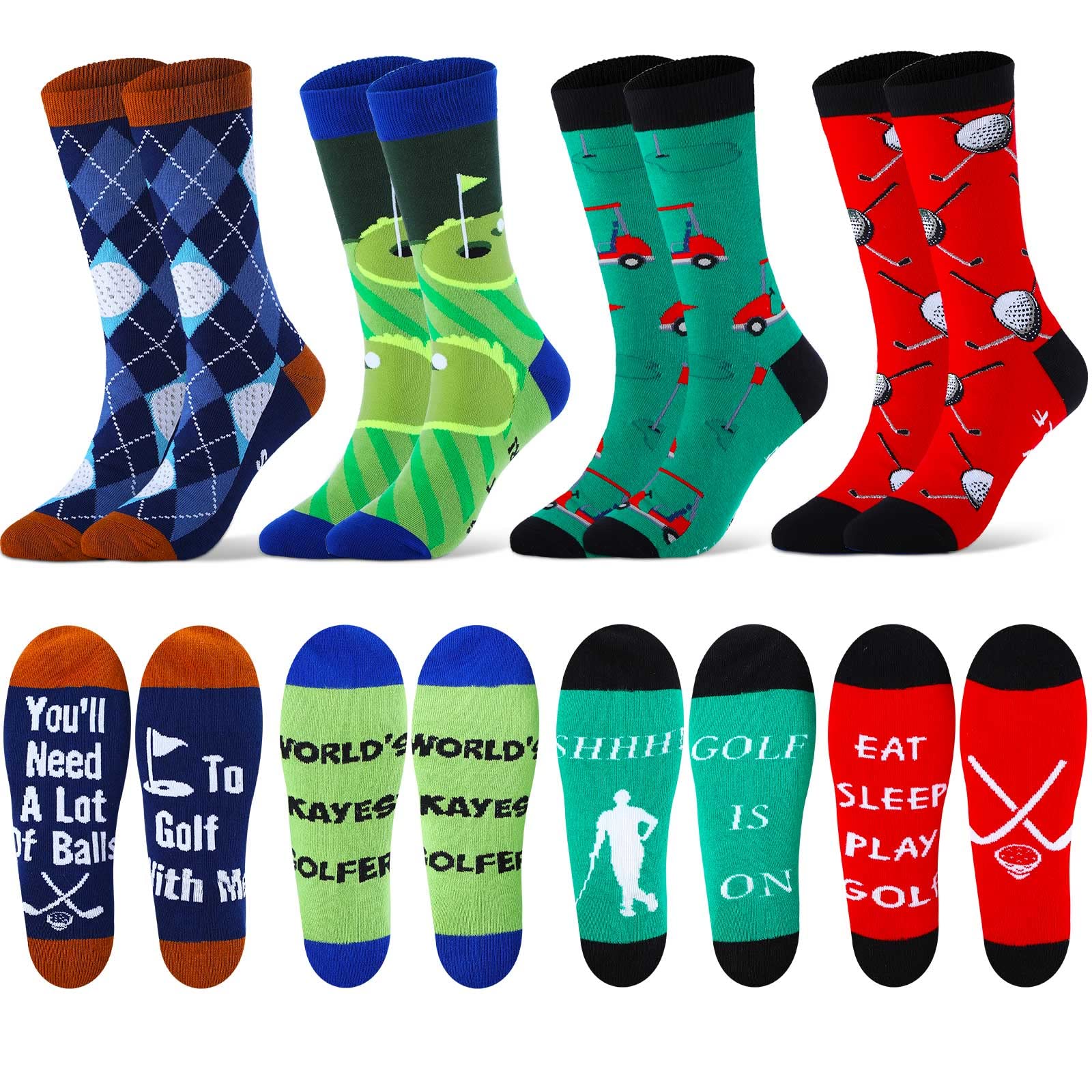 Handepo Lustige Herren-Golfsocken, Baumwolle, Golfzubehör für ihn, Weihnachten, lässig, Sport, Crew-Socken, Geschenk für Männer, Golfer, Opa, Kollegen, Mitarbeiter, Chef, 4 Paar