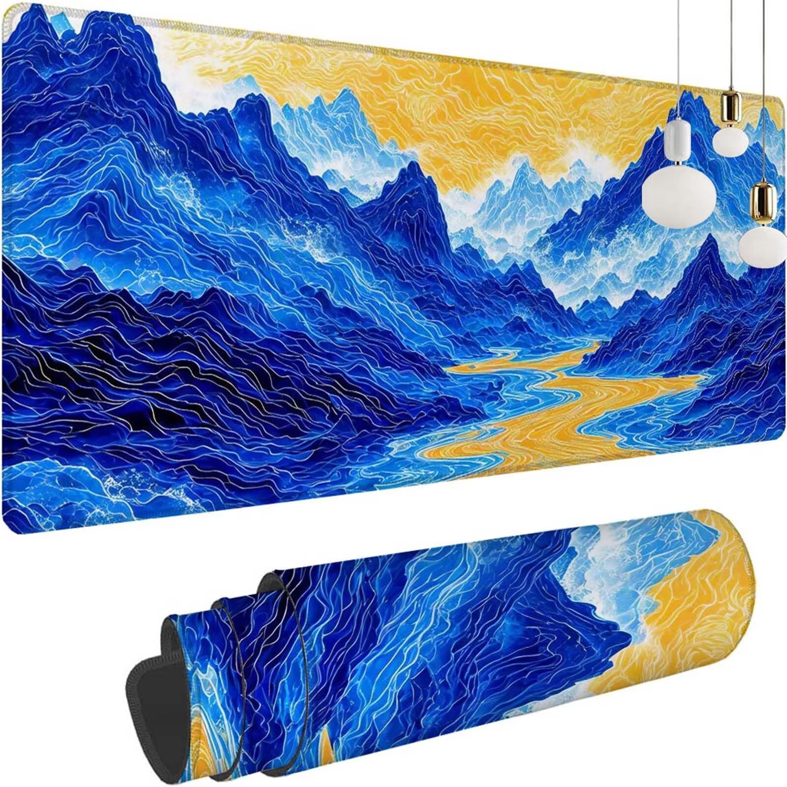 Alfombrilla Ratón Azul Montaña Alfombrilla Ratón XXL 1400x600x3mm Mouse Pad Resiste Salpicaduras, Extendida de Gran Tamaño con Bordes Cosidos, Mejora la Precisión y la Velocidad, Antideslizante y-291