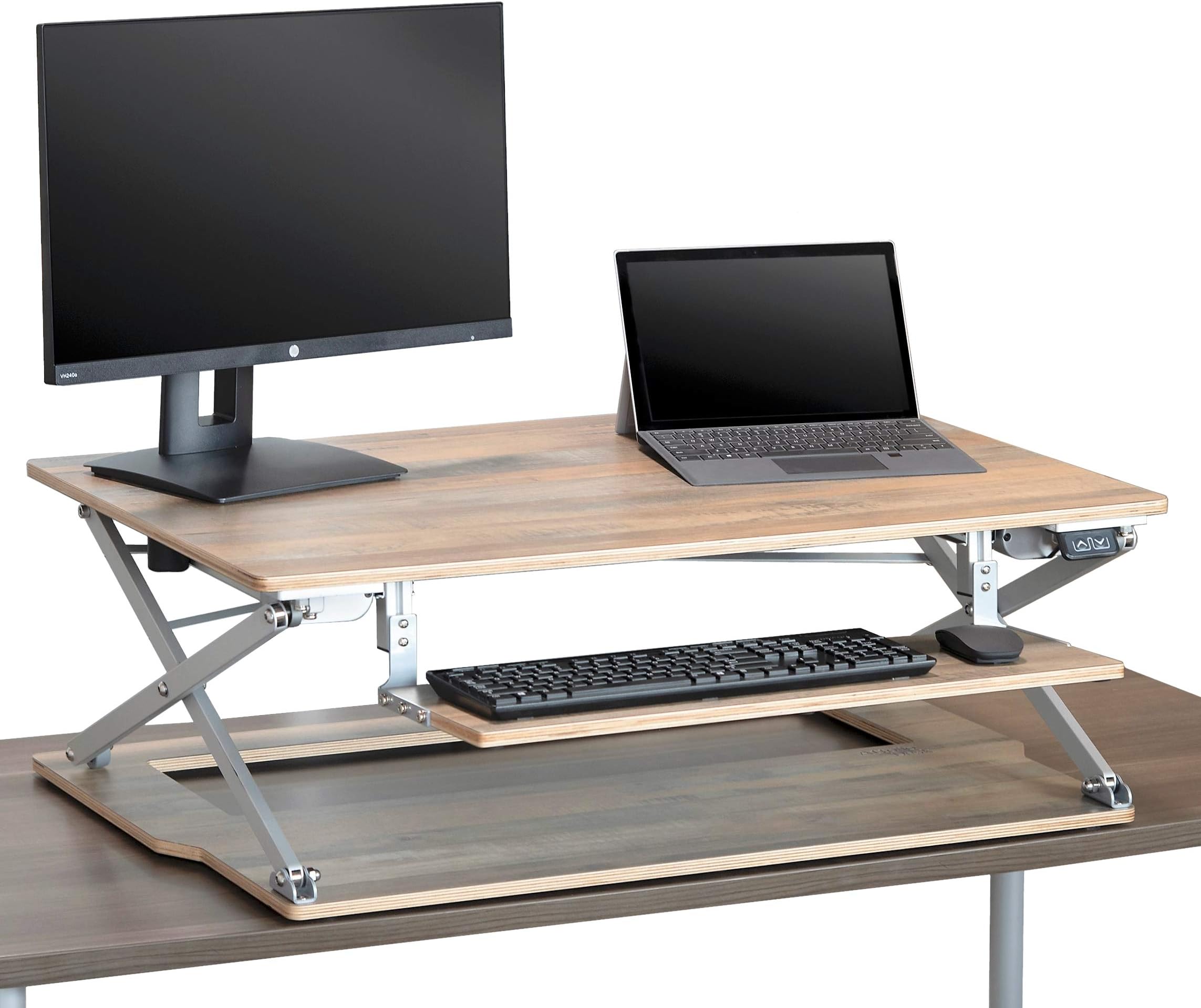 Attollo Desk Electric Sit Stand Desk Converter | Elevated Desktop Workstation for Sitting and Standing | 36" Reclaimed Wood Desk Converter