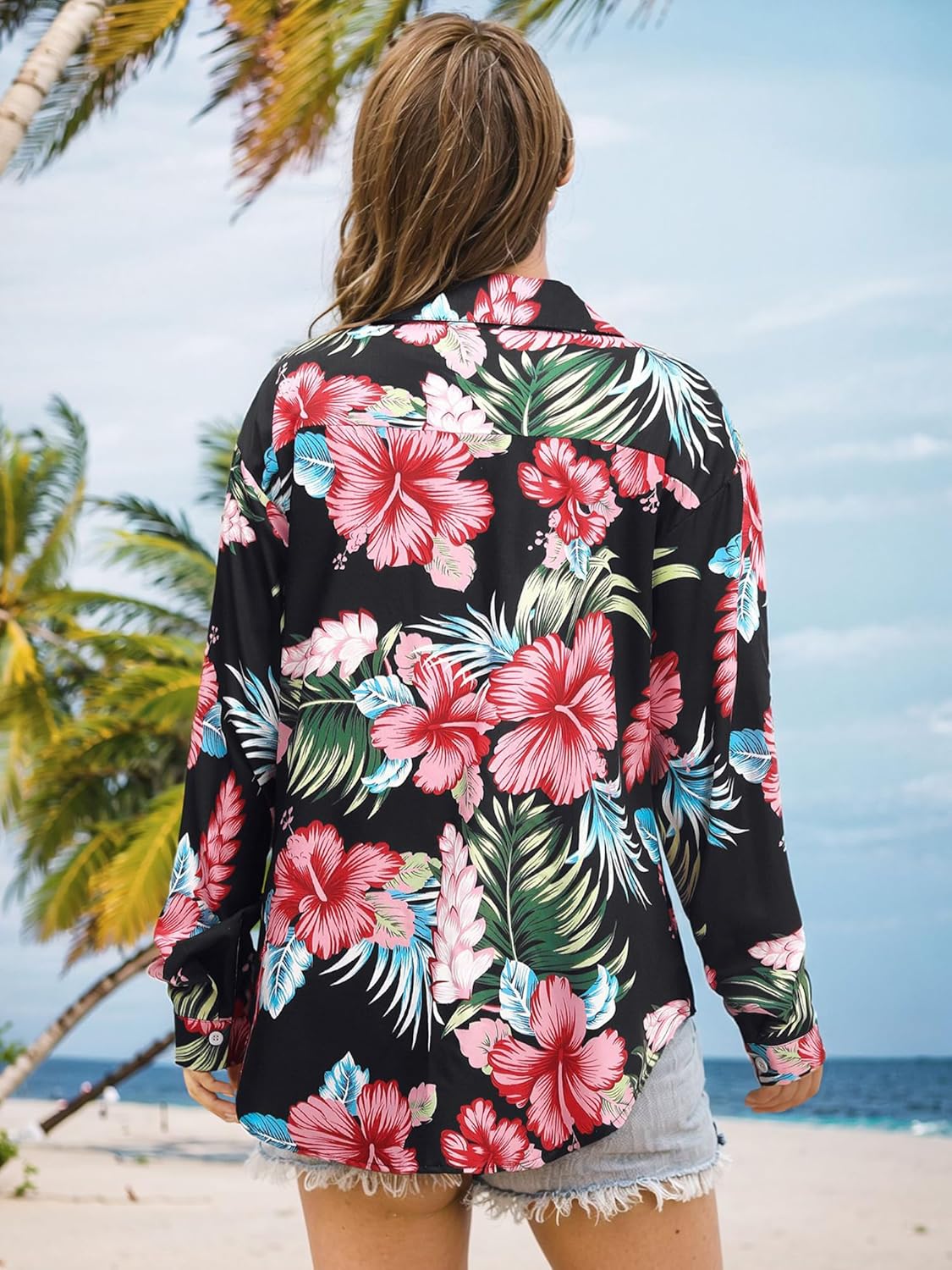 Ezcosplay Women Hawaiian Shirts Long Sleeve Button Down Tropical Floral Holiday Beach Blouse Tops - Image 4