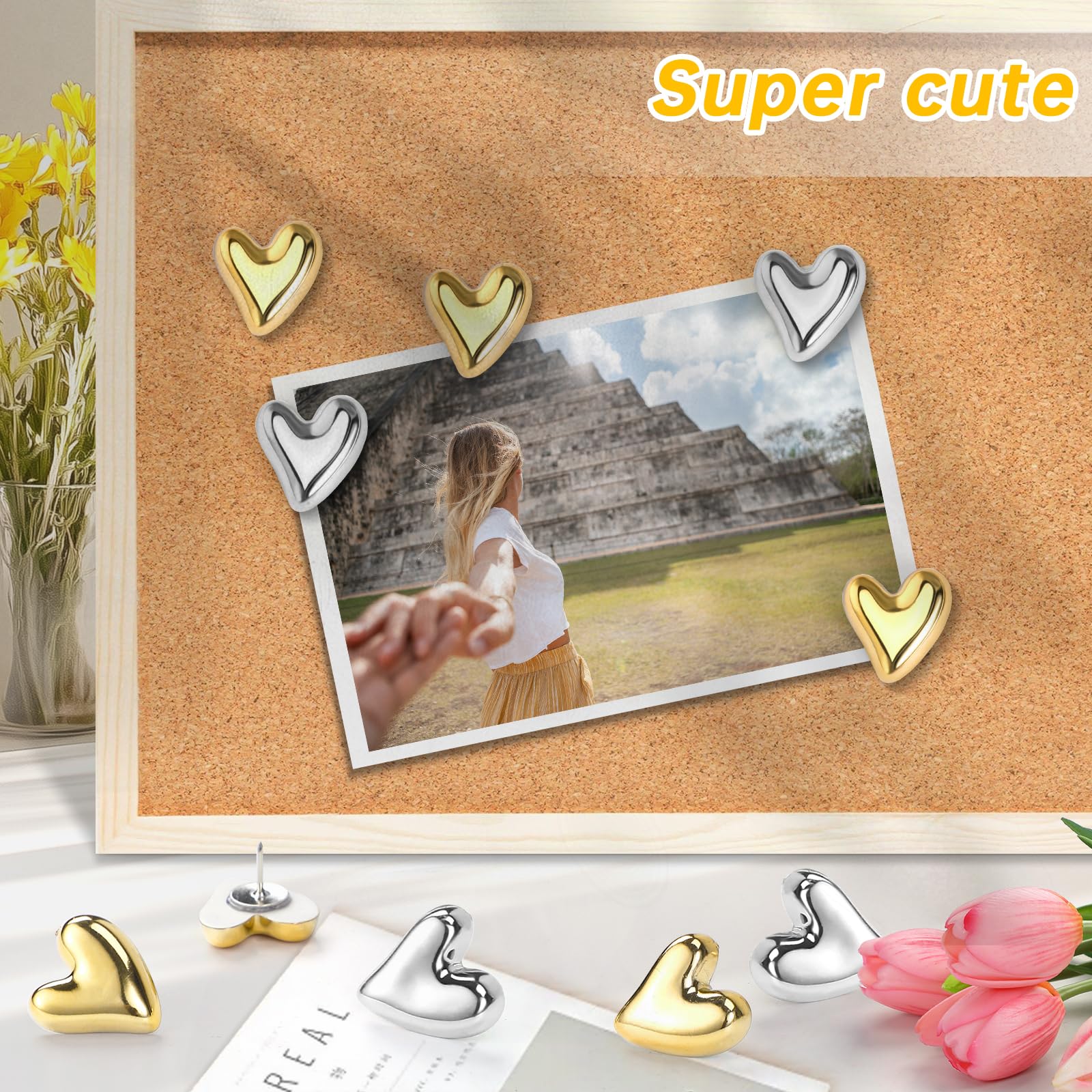 36 pines decorativos de corazón, tachuelas doradas y plateadas, chinchetas lindas para tablero de corcho, tablón de anuncios, accesorios de pared