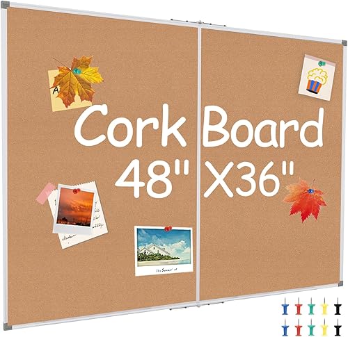Tablero grande de corcho, tablero de anuncios de montaje en pared de 48 x 36 pulgadas, marco de aluminio plegable con 10 pines para escuela, hogar y