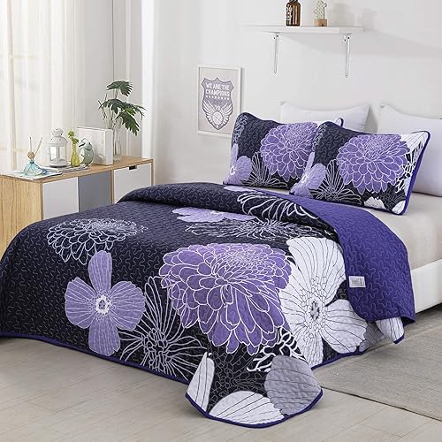 Miniatura 2 de Juego de edredón floral morado, tamaño Queen, colcha bohemia de 3 piezas, colcha suave y ligera con 2 fundas de almohada para todas las estaciones,