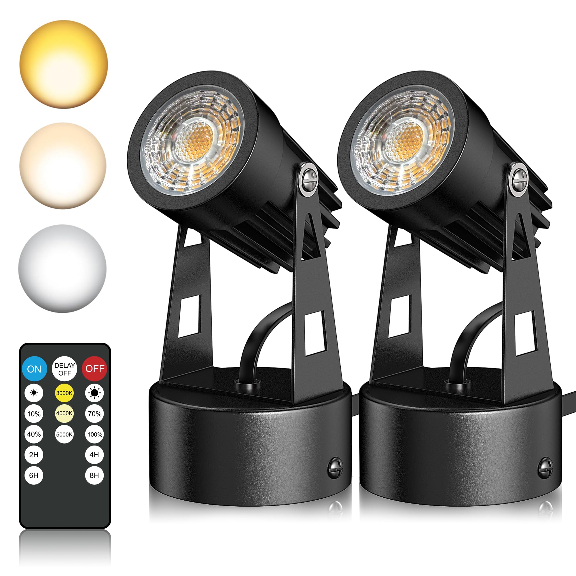 JIAQIYAN 2 Pack Spot Lights Indoor, 4W Plant Uplighting Dimmable for Picture Wall Desk, 3000K/4000K/5000K Adjustable Accent Lighting LED Uplight with 5.9 FT Plug Cord & Remote Control