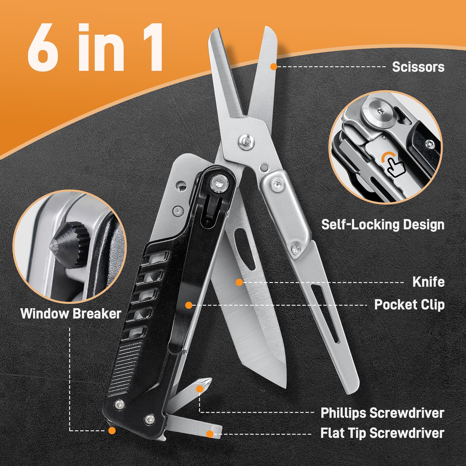 Teslong 5 in-1 EDC Multitool Knife Scissors with Screwdrivers, Detachable Design 440A Stainless Pocket Knife, Window Breaker, Tactical Gear for Camping, Surviving, Hiking, Gift for Men Dad