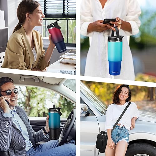 Miniatura 8 de Vasos de acero inoxidable de 30 onzas con tapa y pajilla, asa superior, funda de silicona para botas y correa para botella, botellas de agua