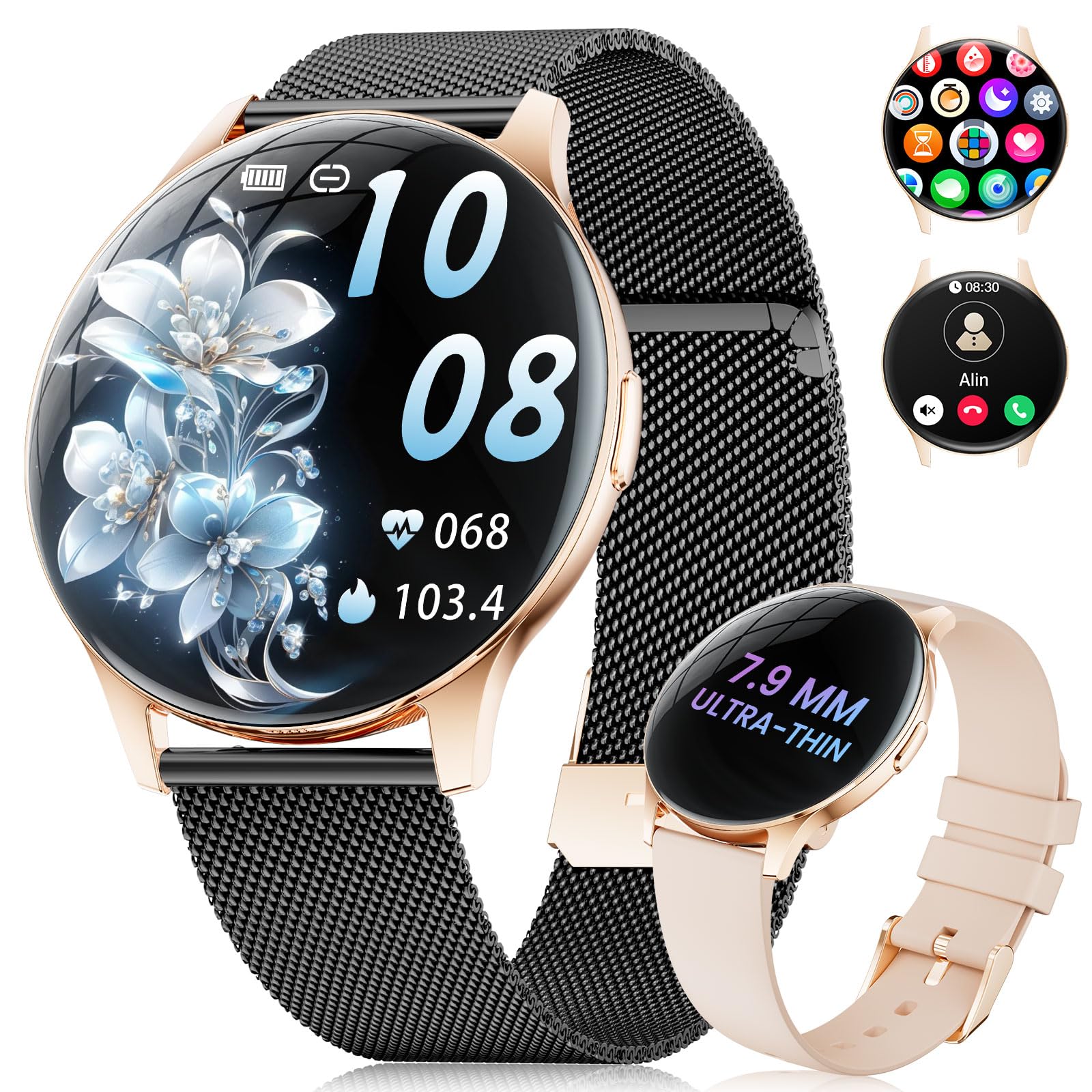 ESFOE Damen Smartwatch Ultradünn,1.43" AMOLED Smart Watch mit Bluetooth Anrufe,Uhr Damen Herren mit 120 Sportmodi Pulsuhr Schlafmonitor Schrittzähler, IP68 Fitnessuhr für iOS Android Mitternachtsgold